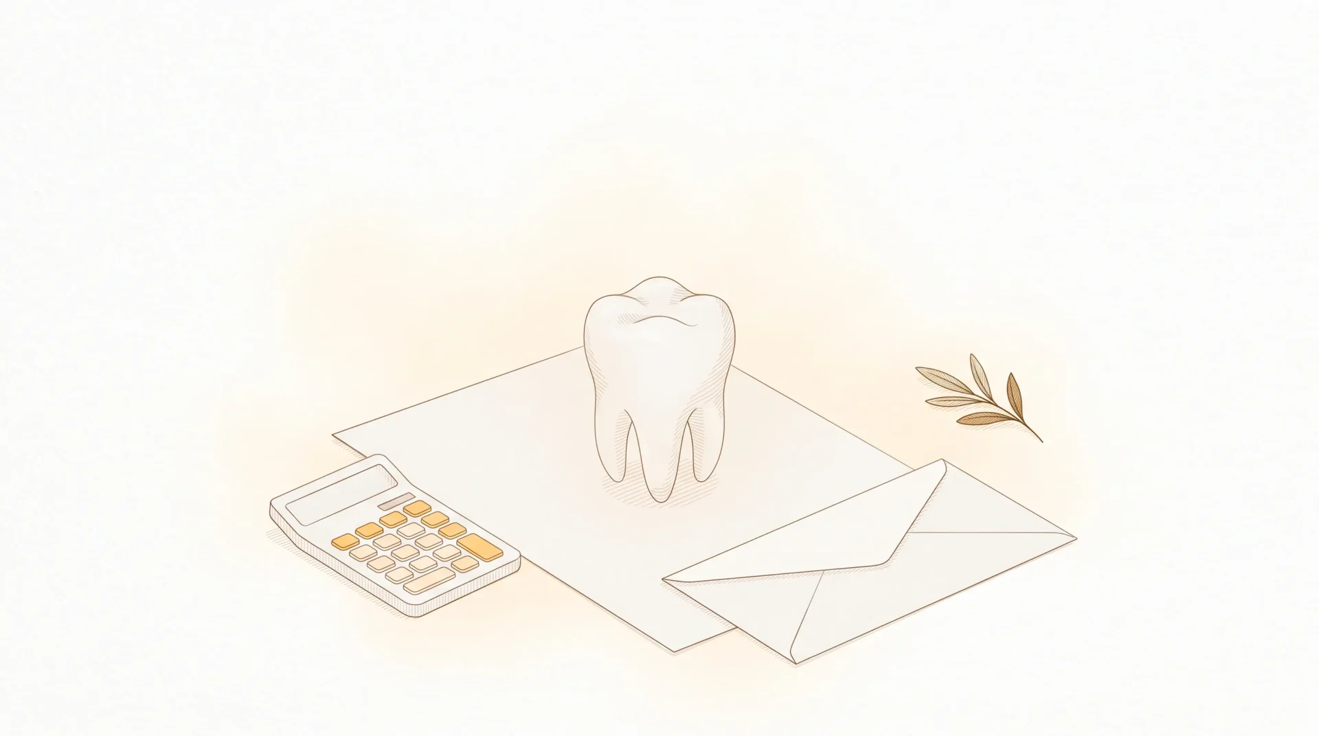 A blank dental estimate sheet sits beside an envelope, calculator and tooth model on a tidy clinic desk.