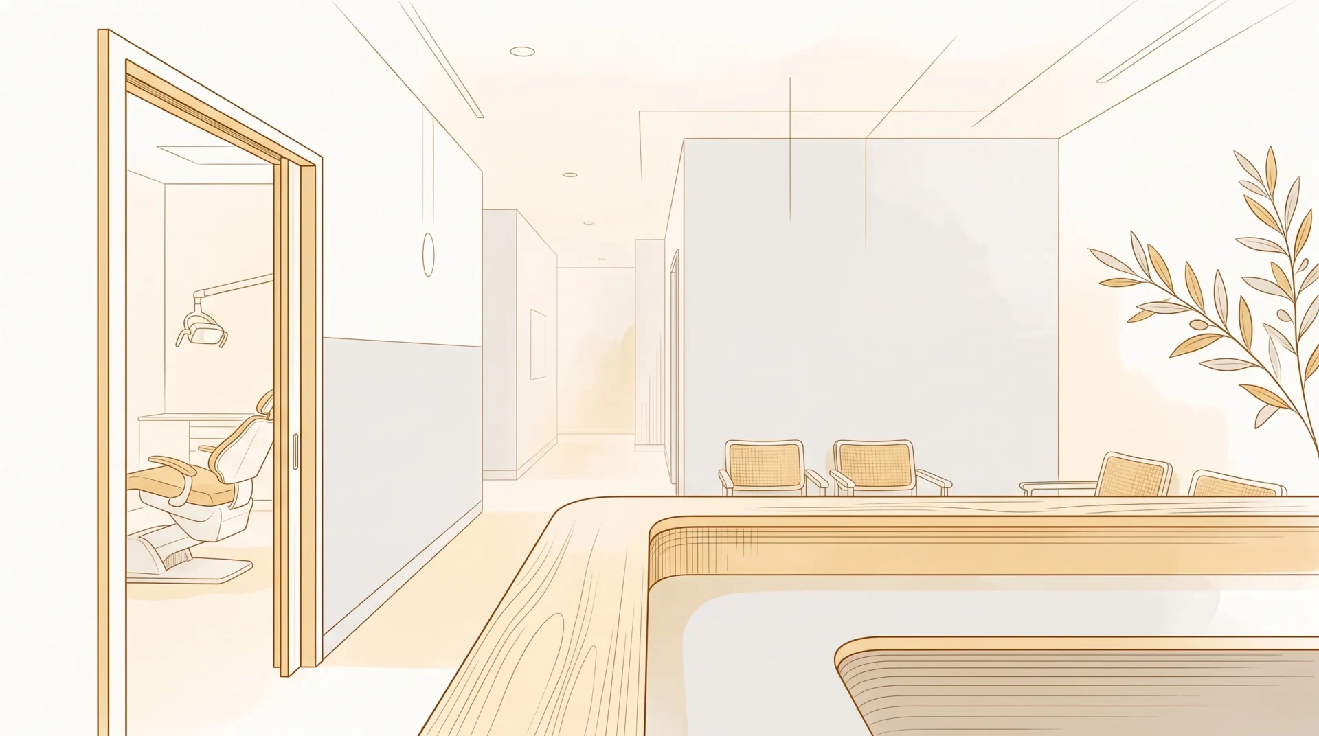 A calm dental clinic interior shows the reception counter, waiting chairs and treatment room doorway in a modern practice.