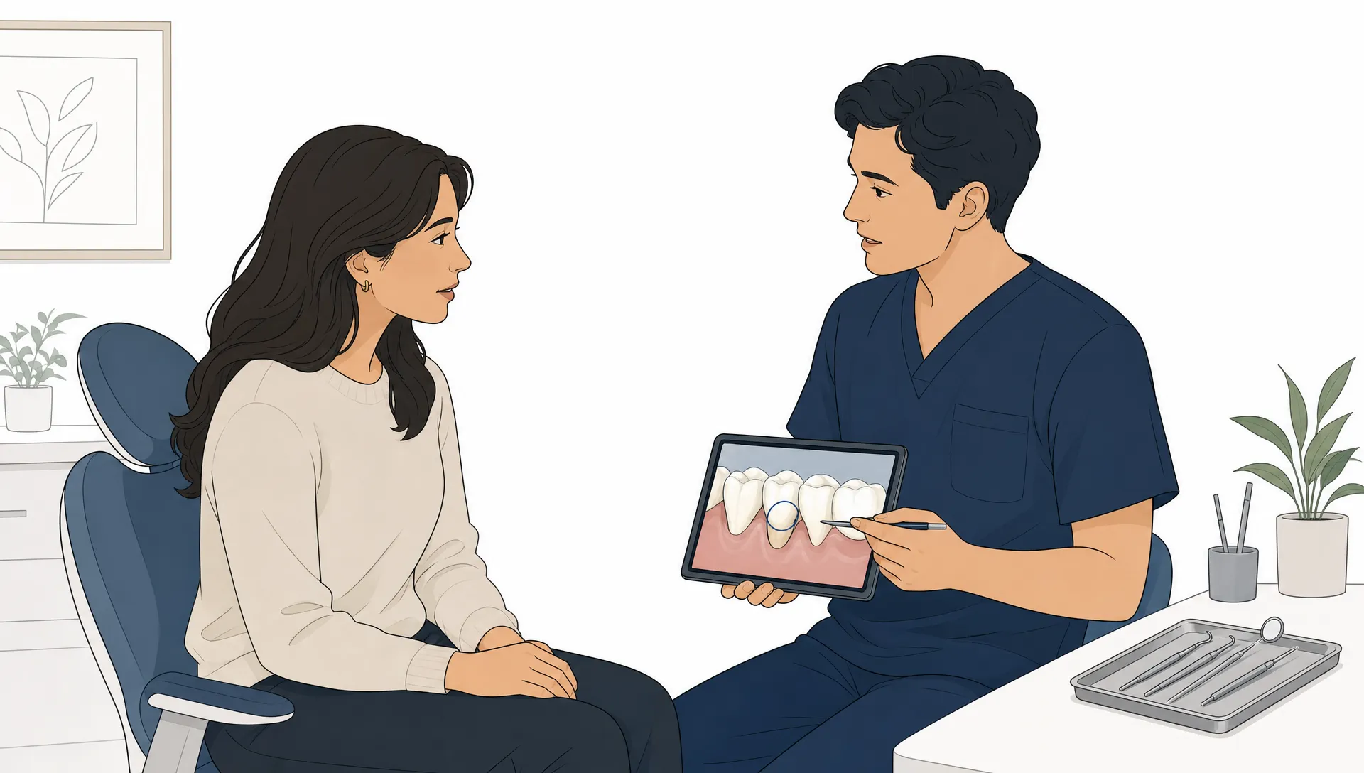 A calm editorial vector illustration of one adult patient and one dentist reviewing a tooth concern after hours, with simple dental tools and plenty of white space, natural ivory teeth, and a balanced asymmetrical layout.