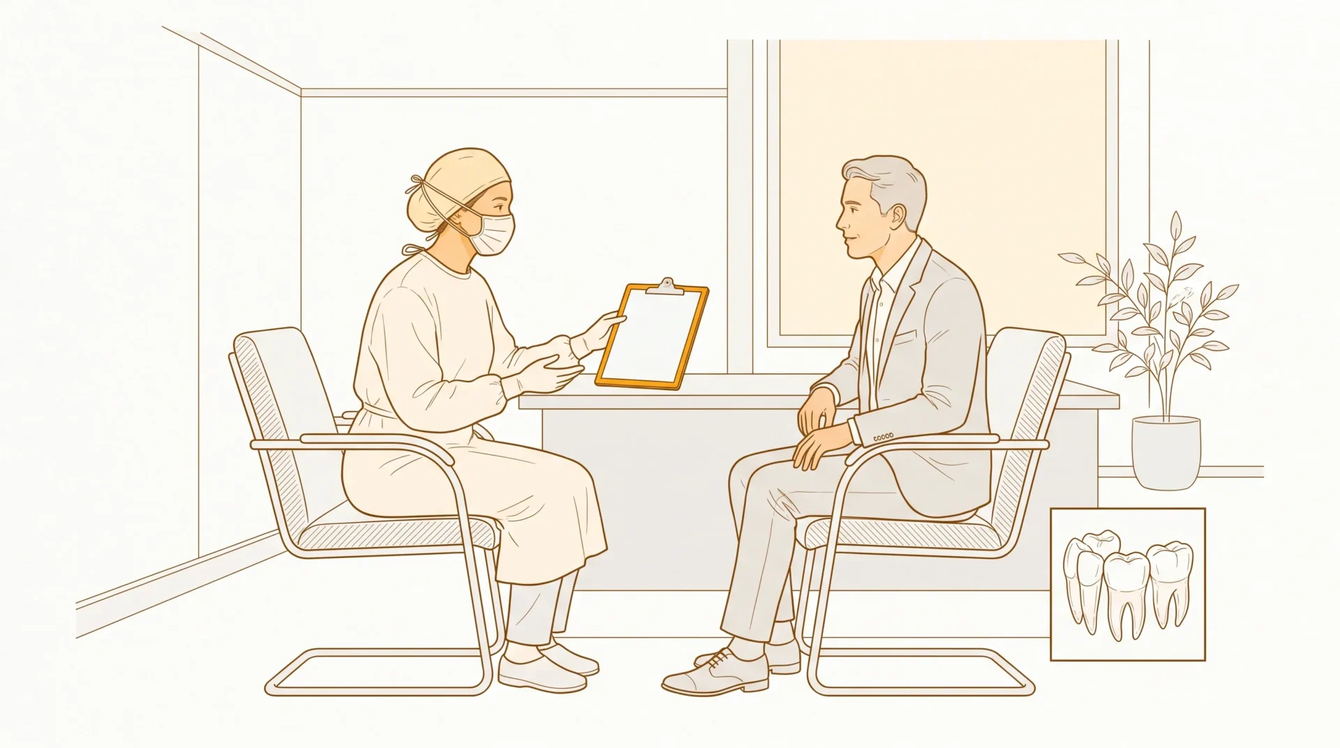 A cheap dentist consultation with a dental professional speaking to an adult patient in a calm room beside a blank clipboard and a small inset of natural adult teeth.