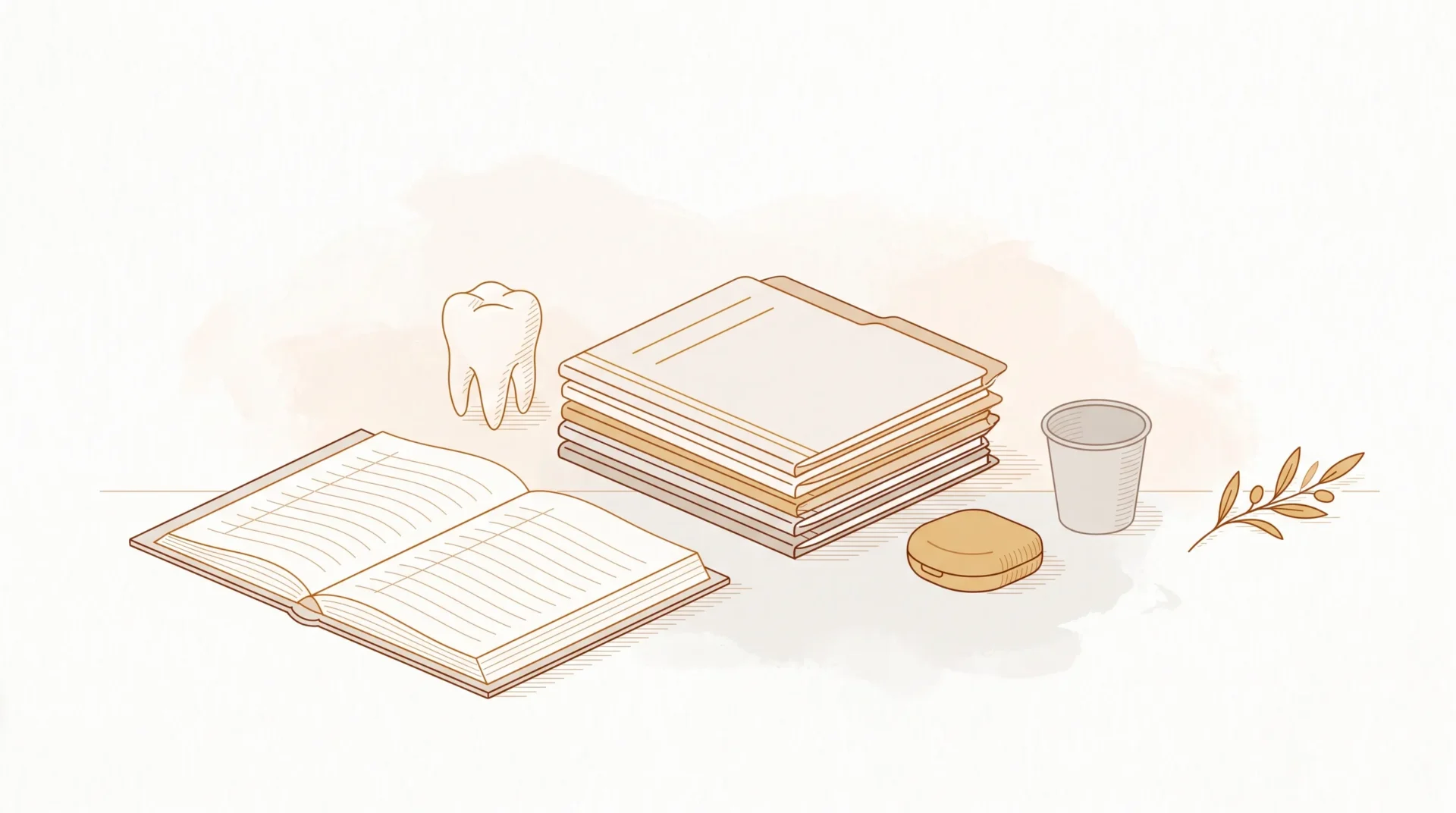 A clinic desk with appointment folders, a tooth model and a clear aligner case to suggest family dental services.