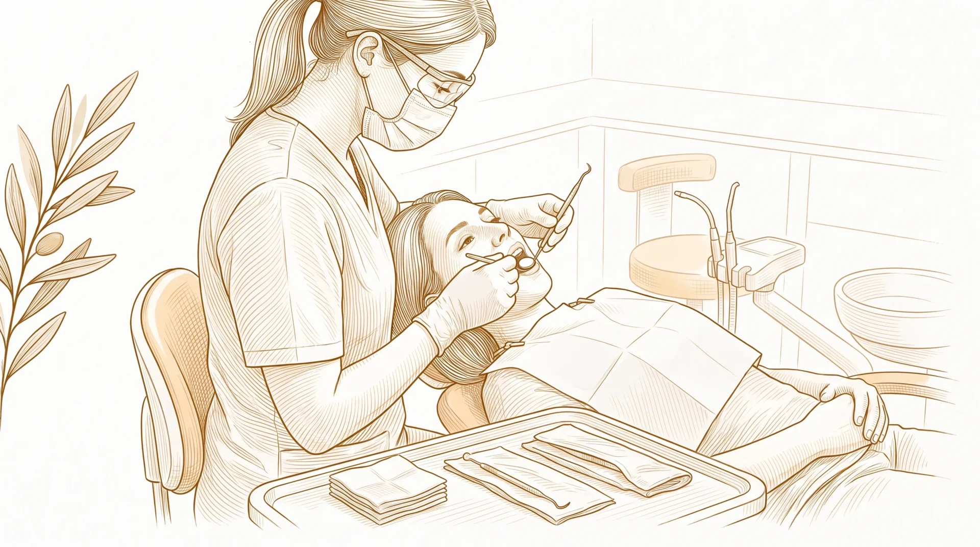 A clinician performs a dental clean while the patient reclines in the chair.