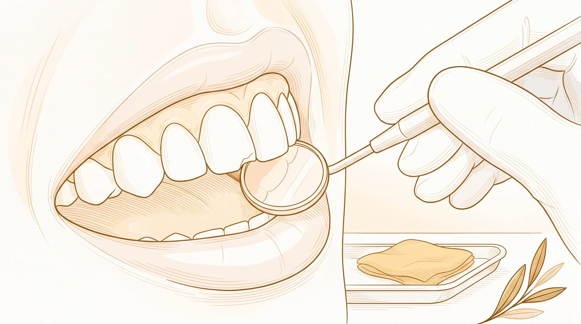 A close view of a chipped front tooth and mirror beside it during a cosmetic dental check.