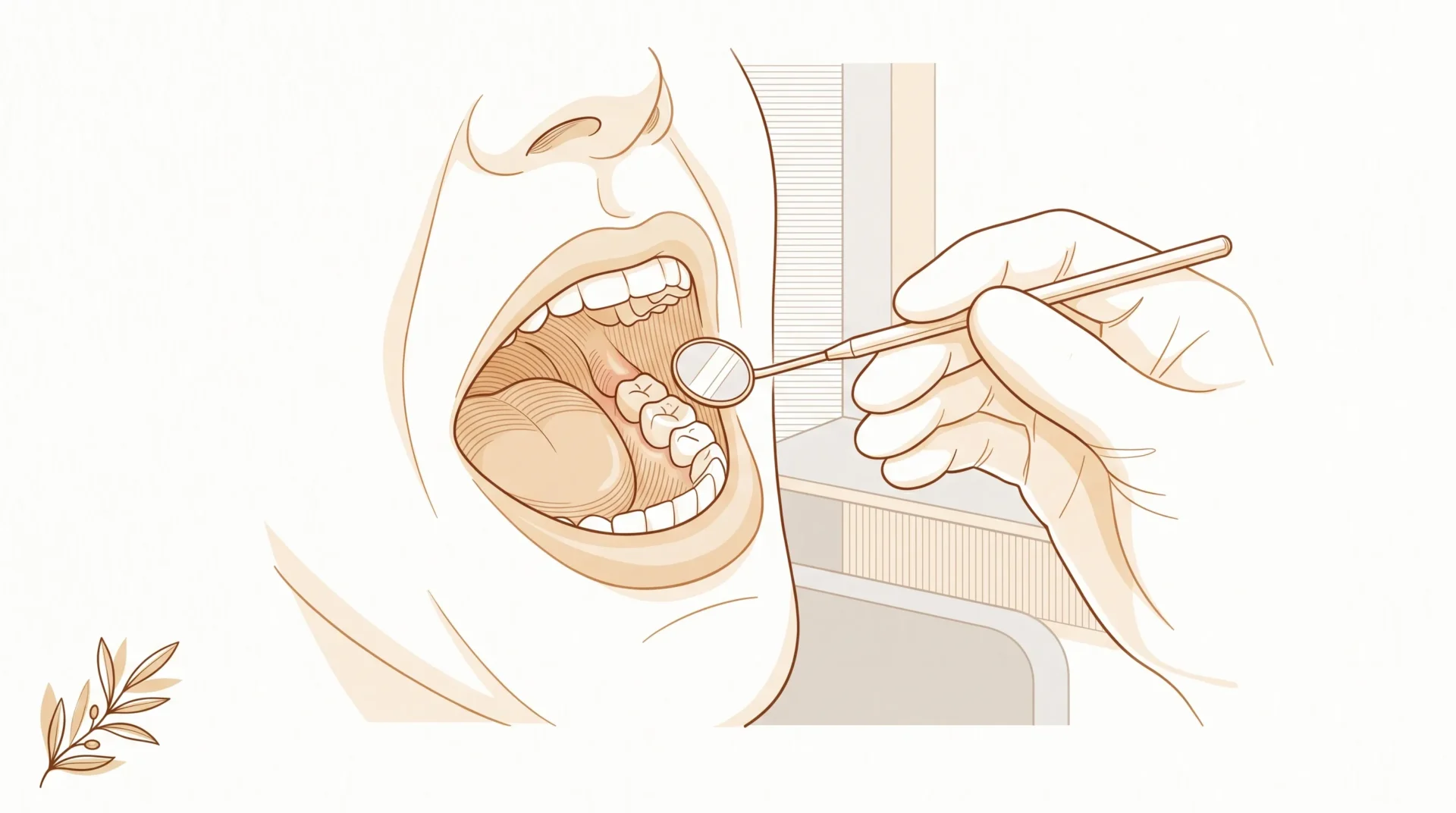 A close wisdom teeth check shows a partly erupted back molar, healthy gums and a dentist’s mirror near the gumline.