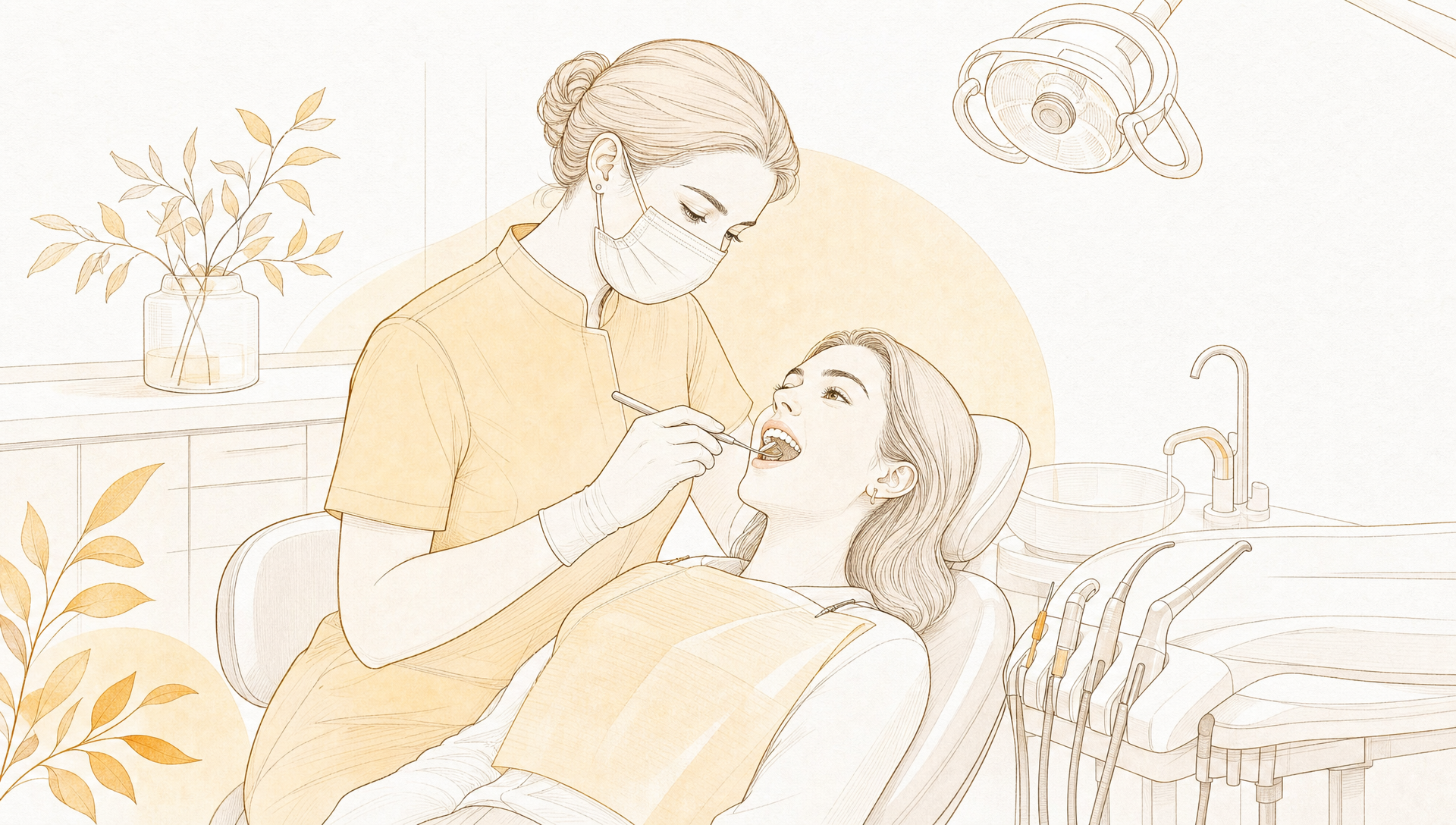 A dental hygienist checks a reclining patient’s open mouth during a gentle cleaning, with clinic tools nearby and delicate amber foliage accents.