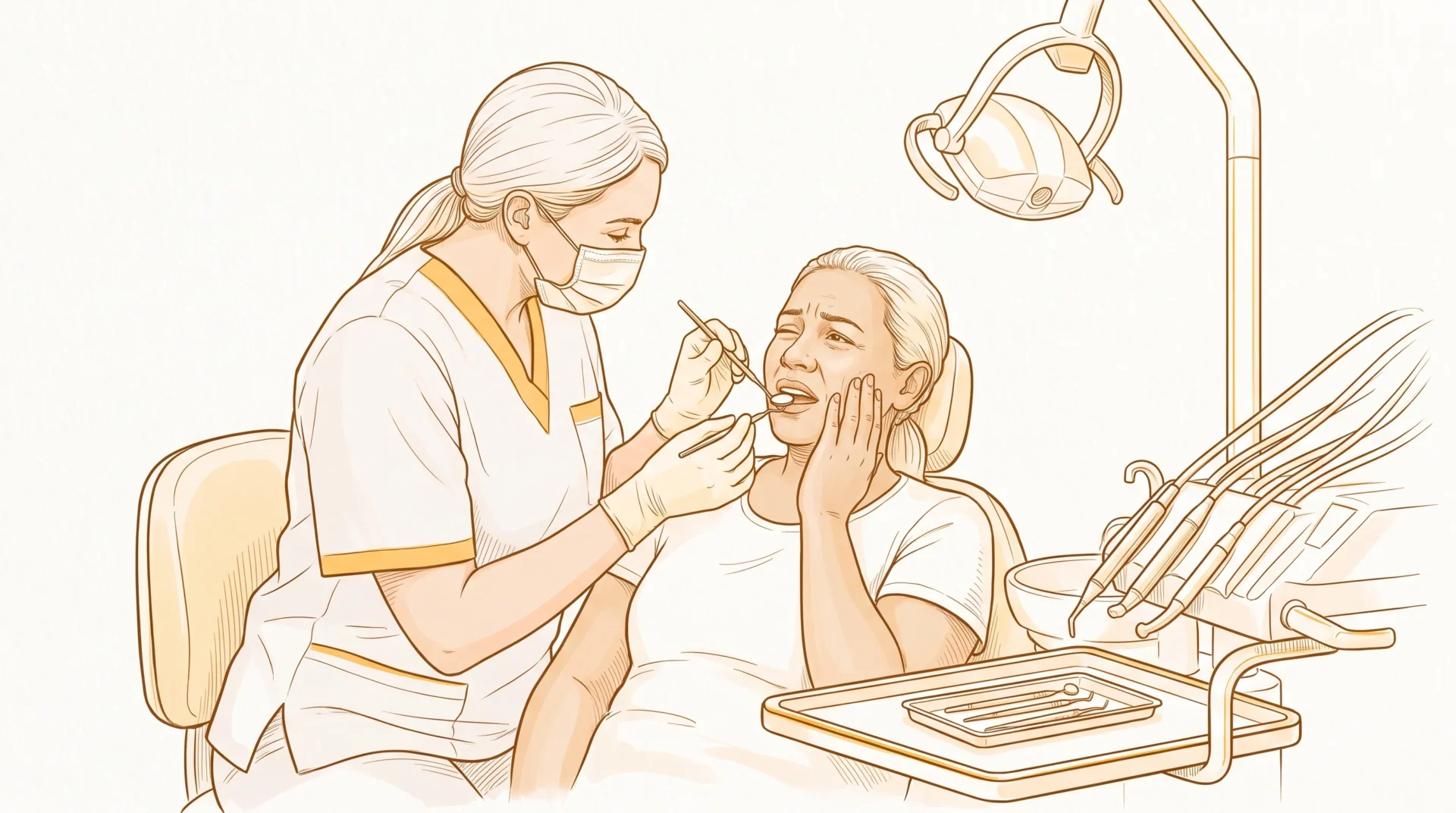 A dental professional gently examines a seated adult patient with sudden tooth pain in the clinic.
