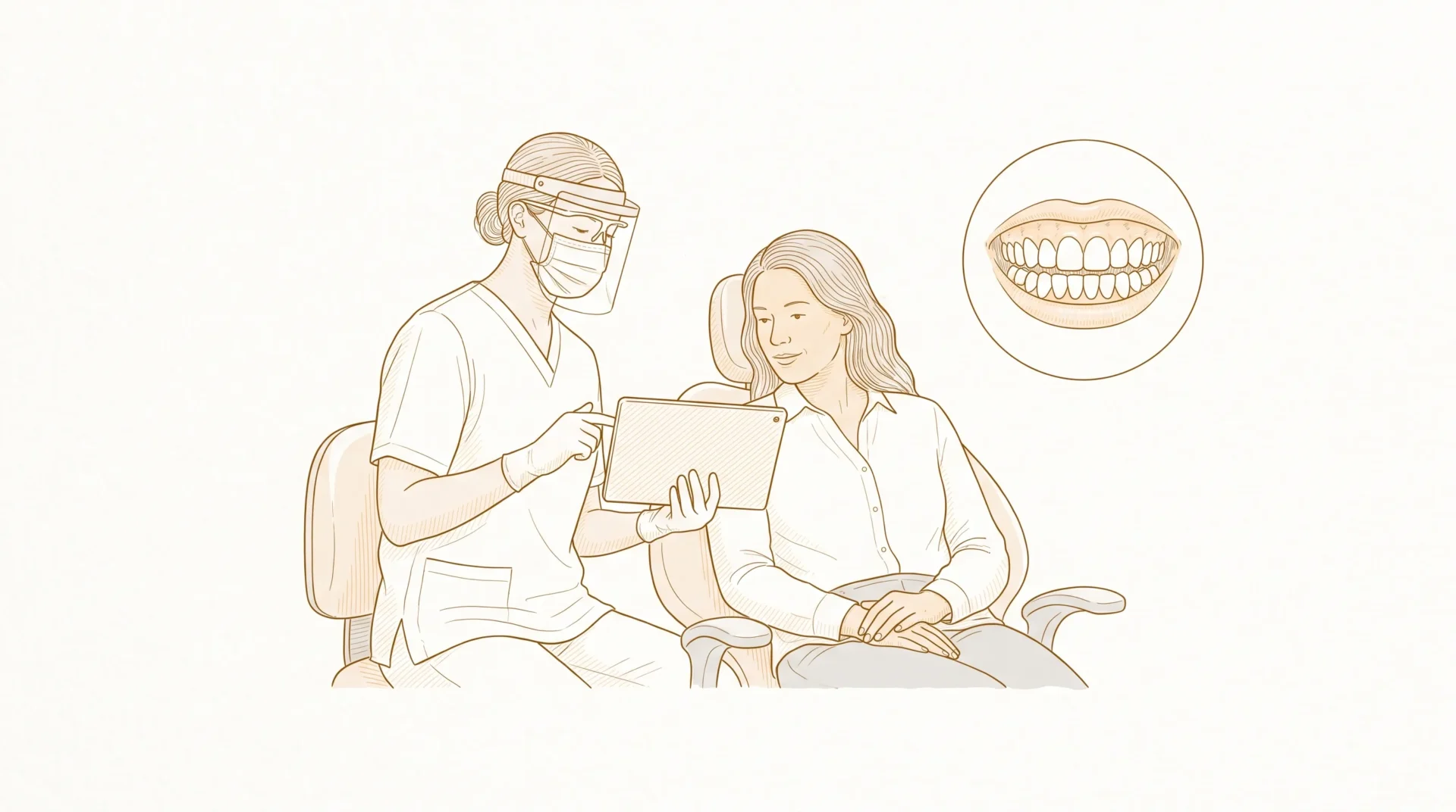 A dental professional in clinical attire discussing ongoing care with an adult patient beside a dental chair, with a small close-up of healthy teeth and gums.