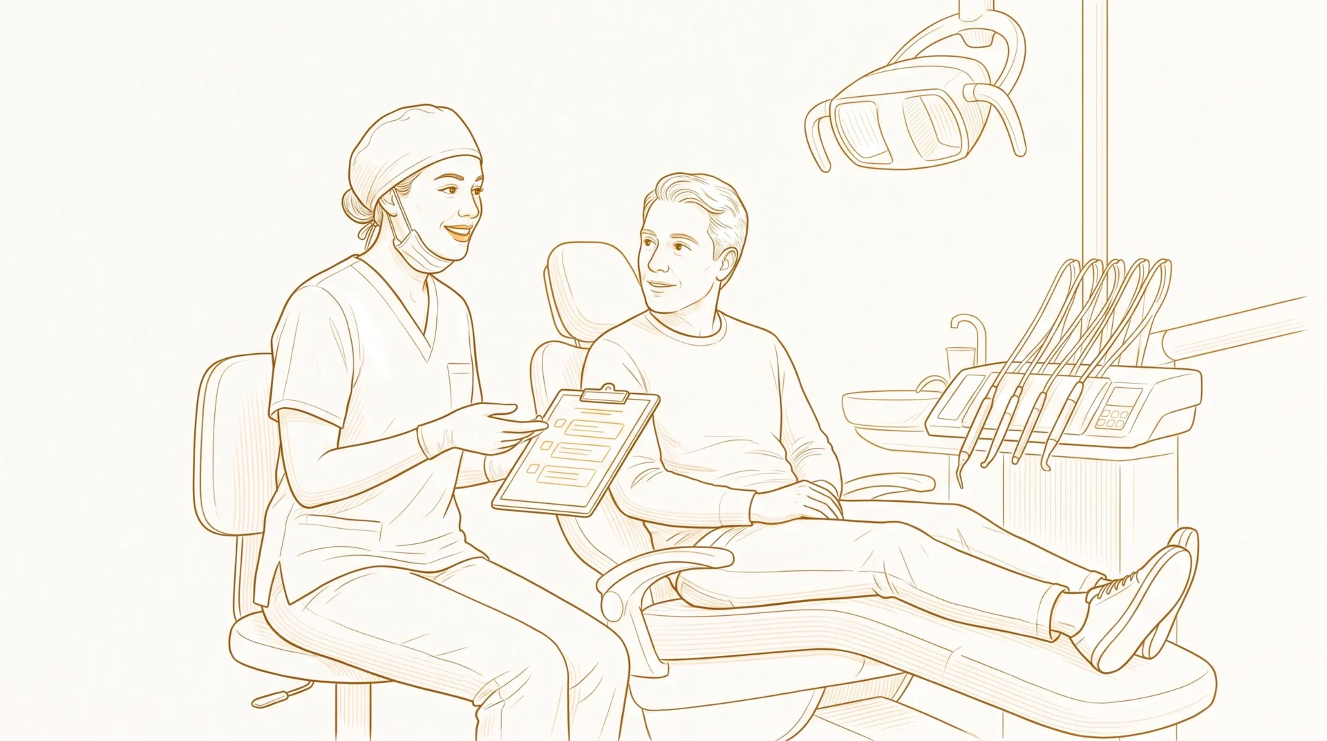 A dental professional in clinical attire talks with an adult patient beside a dental chair about appointment options and suitability before booking.
