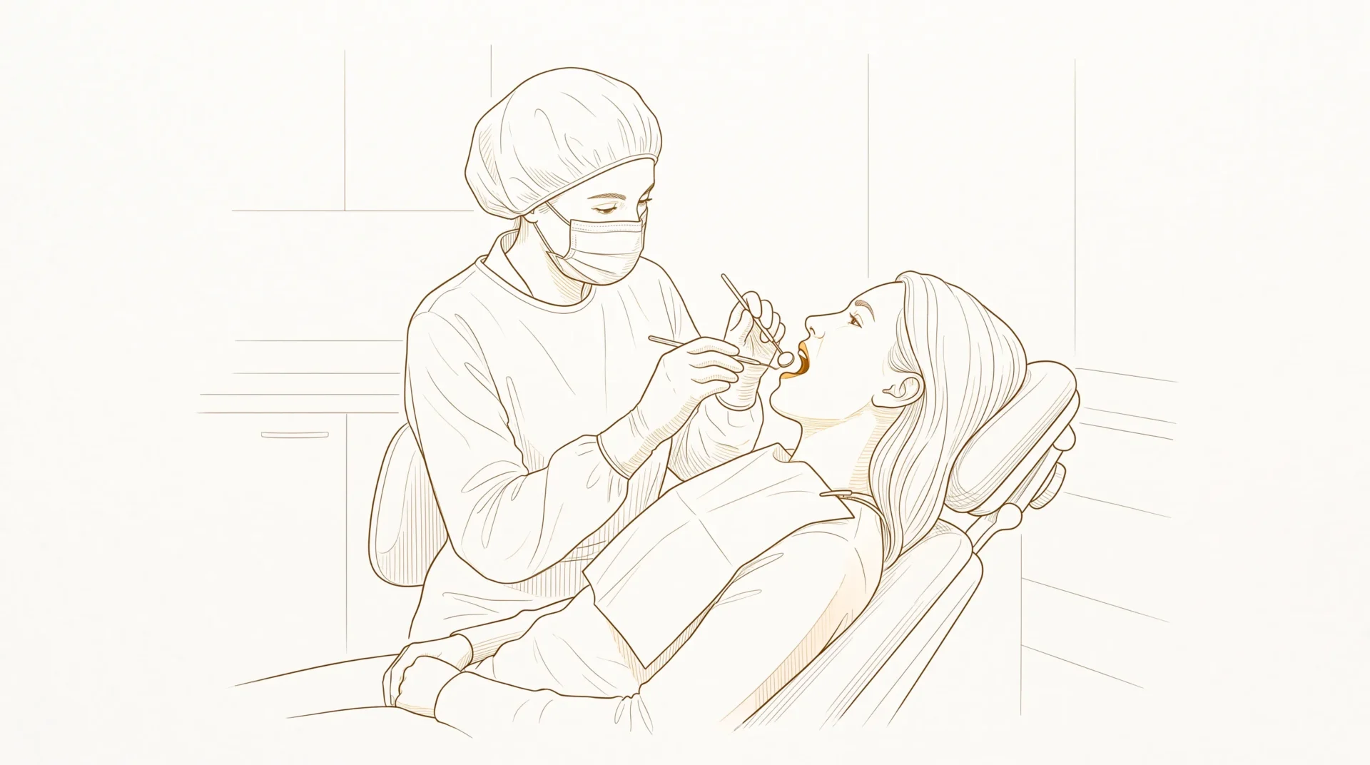 A dental professional in PPE examines an adult patient in a modern chair with a mirror during a routine appointment.