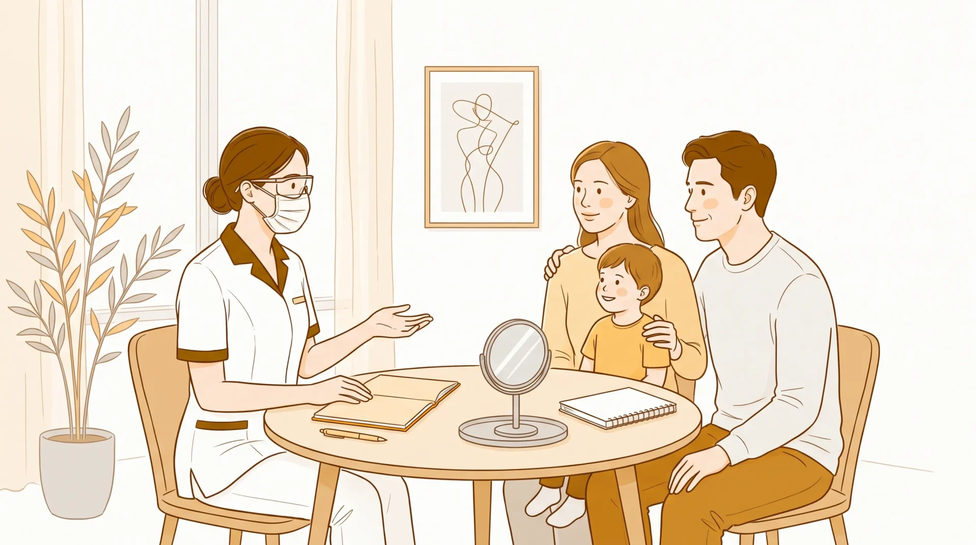 A dental professional meets with two parents and a child in a welcoming consultation room, with a small mirror on a tray and a blank budgeting notebook nearby.