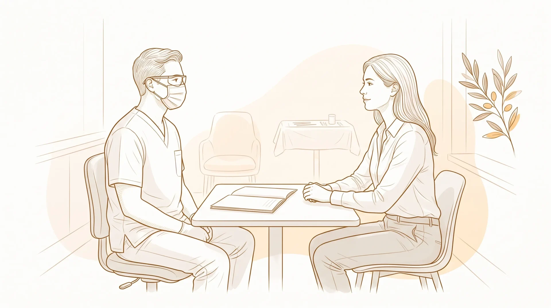 A dentist and adult patient discuss All on 4 treatment options across a consultation table.