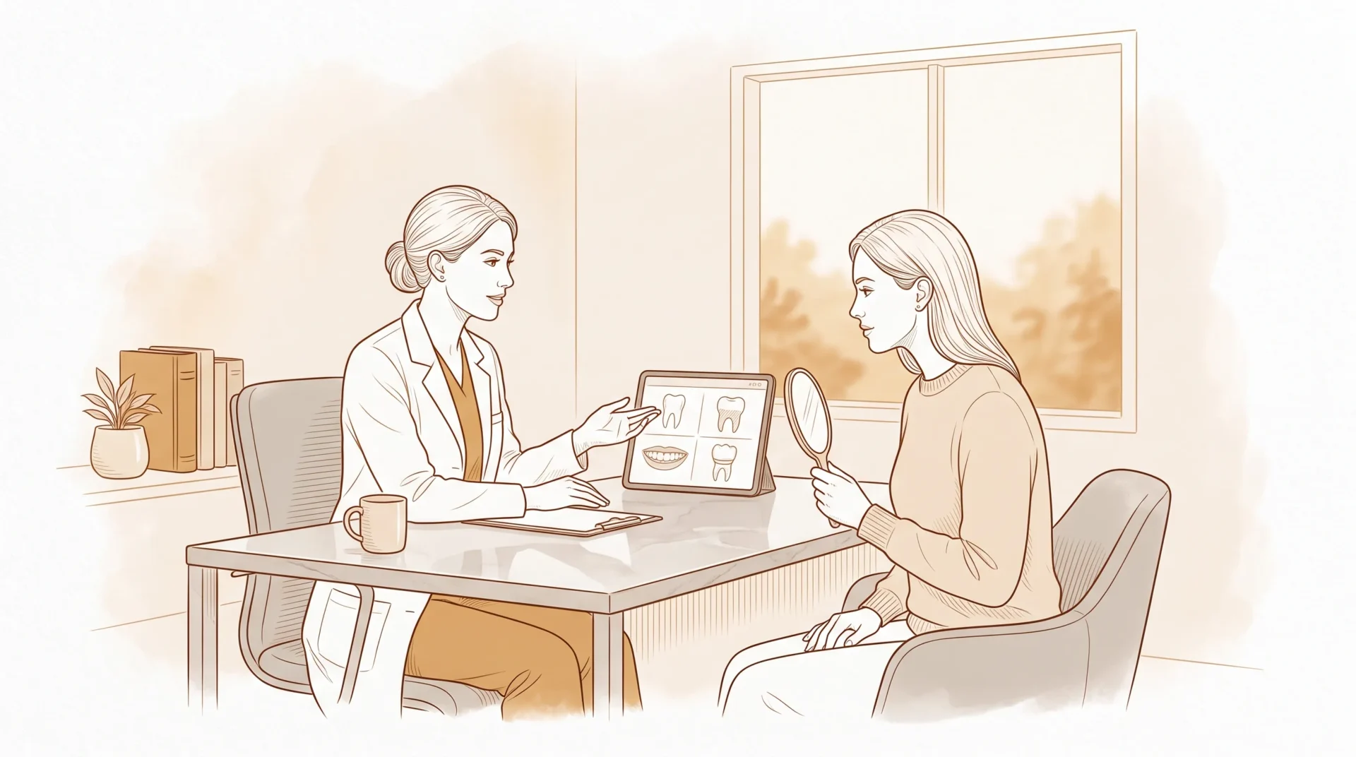 A dentist and adult patient discuss cosmetic dentistry options in a quiet consultation room in Pakenham.