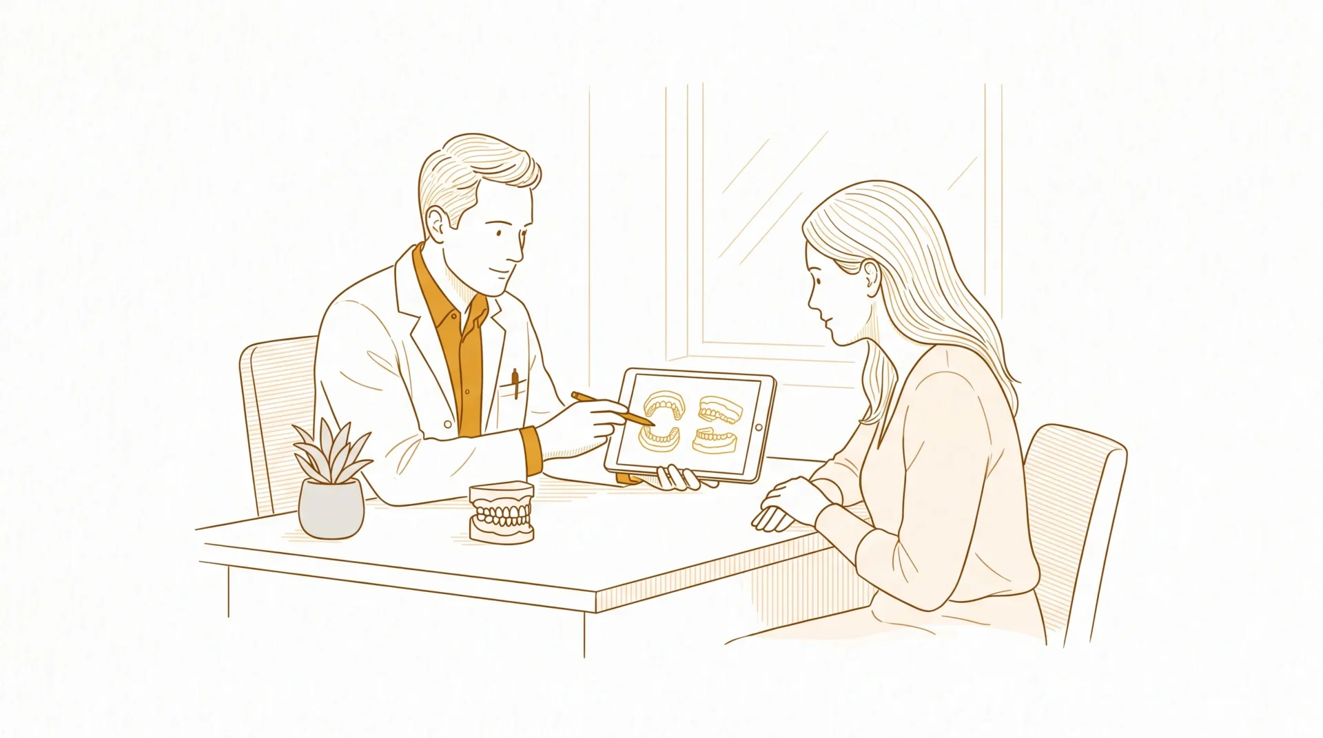 A dentist and adult patient discuss treatment choices in a calm consultation room.
