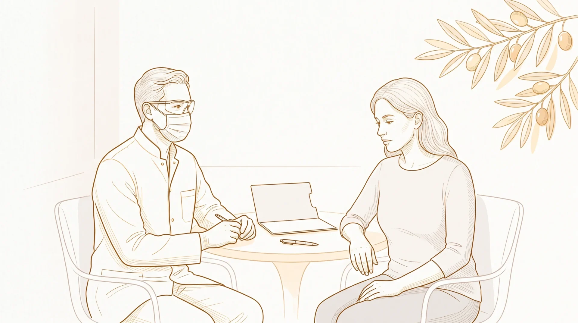 A dentist and adult patient discuss treatment options across a small table in a calm consultation room.