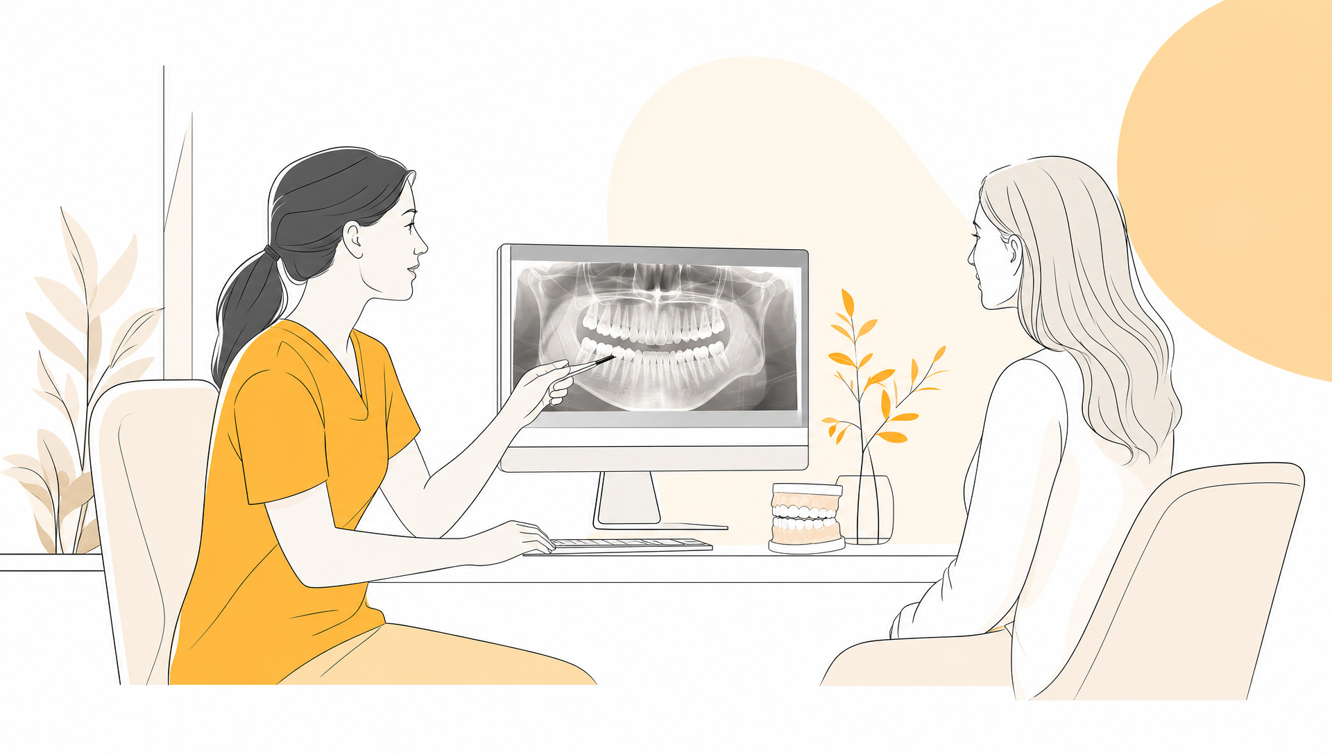 A dentist and adult patient review a simplified dental arch model during a calm consultation in Pakenham.