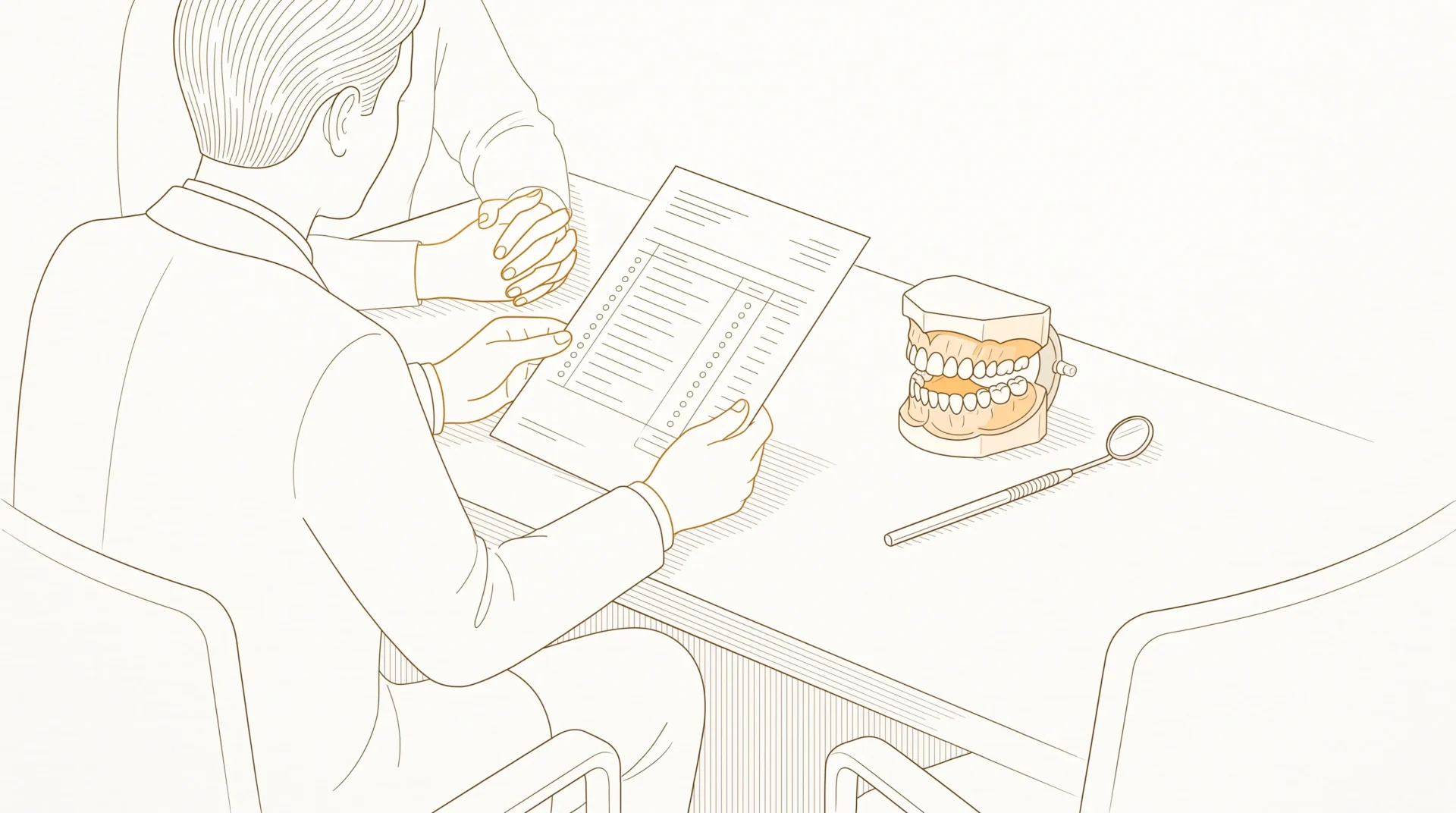 A dentist and adult patient review an itemised treatment estimate at a desk beside a dental model and mirror.