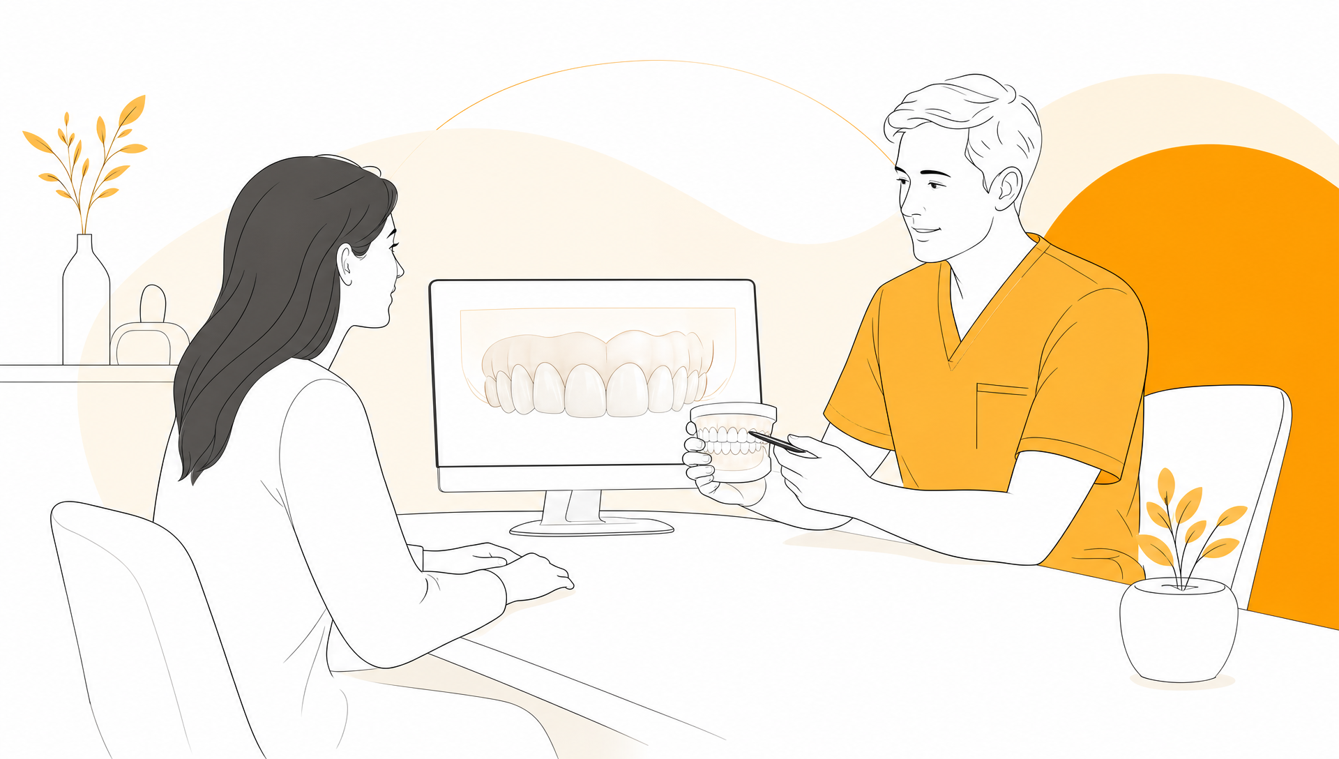 A dentist and adult patient review treatment options beside a small tooth model in a calm consultation.