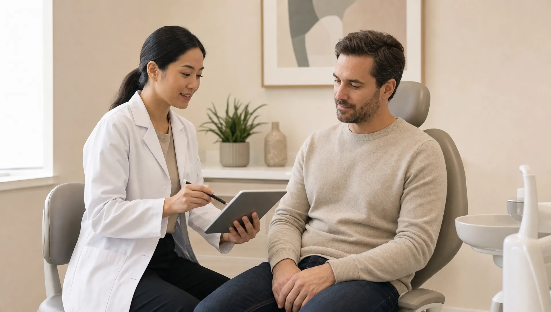 A dentist and adult patient reviewing a Saturday appointment in a calm clinic setting.
