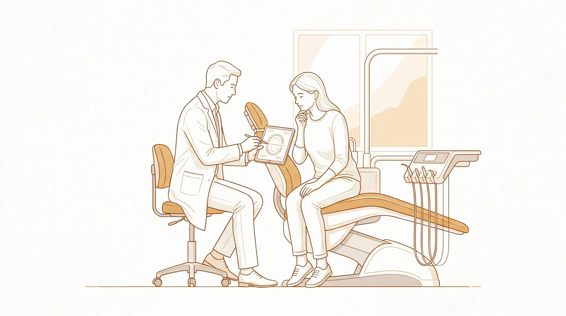 A dentist and adult patient sit beside the dental chair as they discuss oral health concerns and possible next steps.