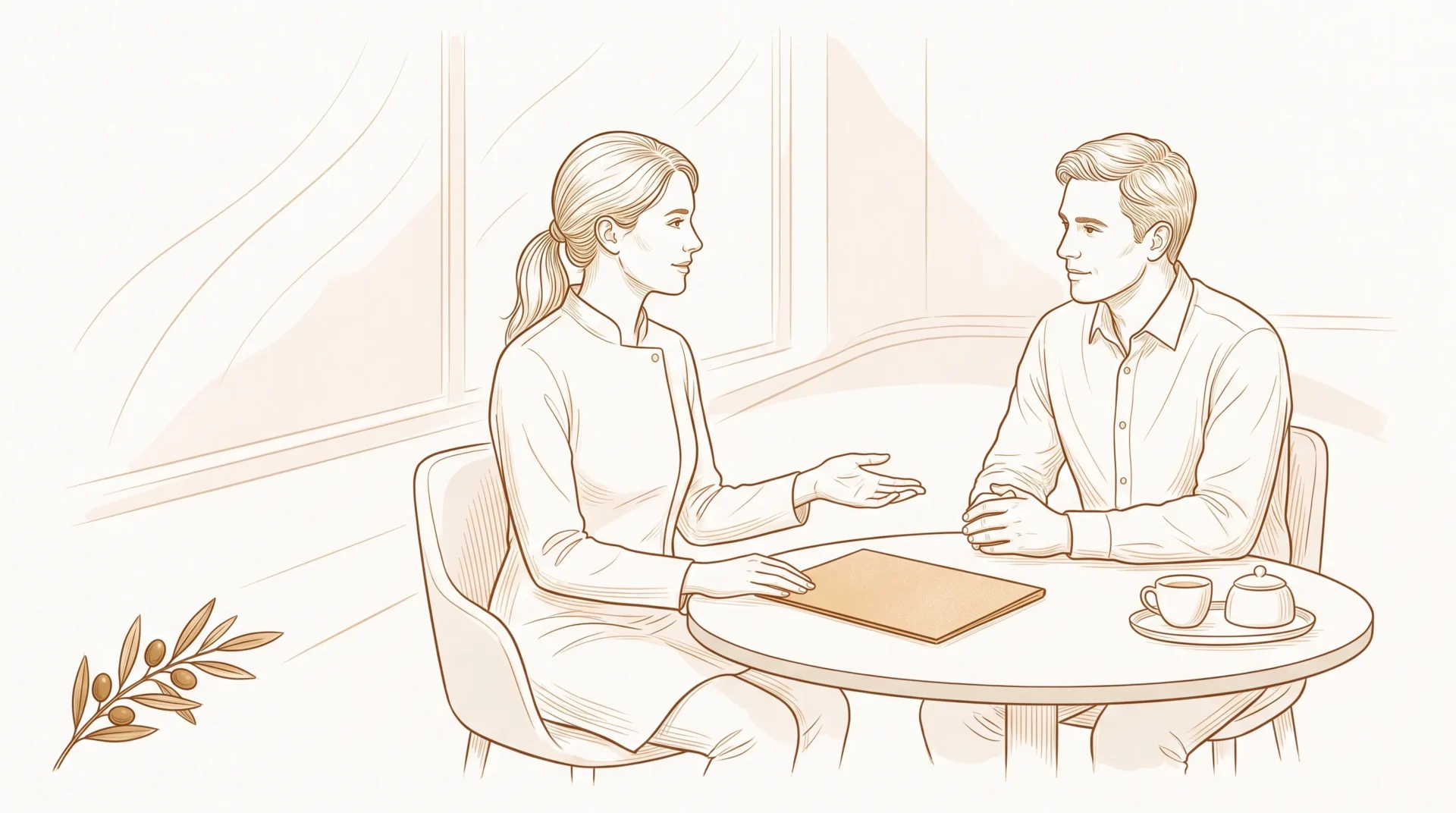 A dentist and adult patient talk over a consultation table during dental care planning.