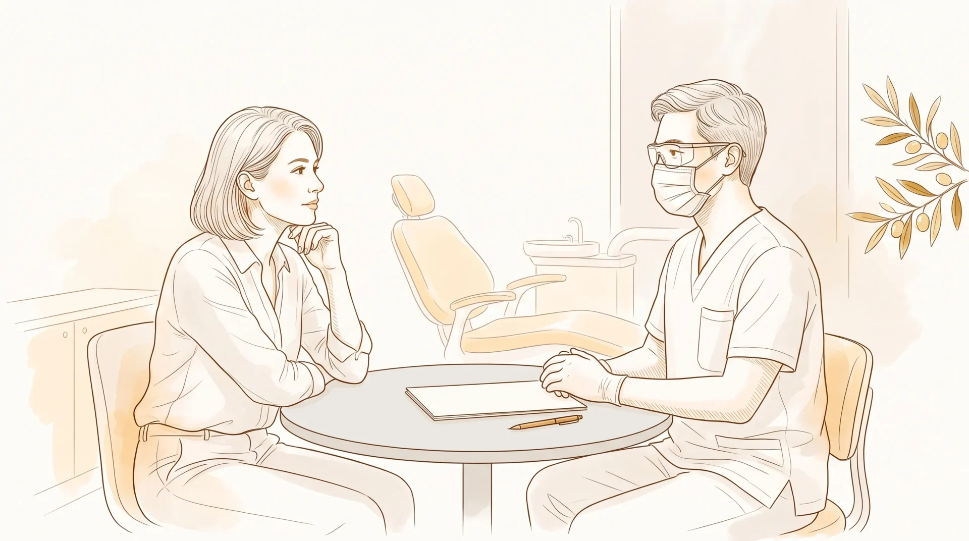 A dentist and an adult patient discuss All on 4 treatment options during a calm consultation.