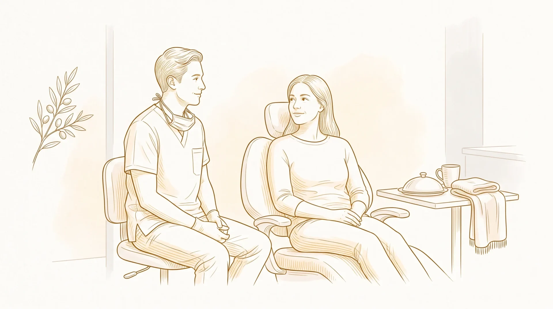 A dentist and anxious adult patient talk in a quiet consultation room beside a chair and small side table.