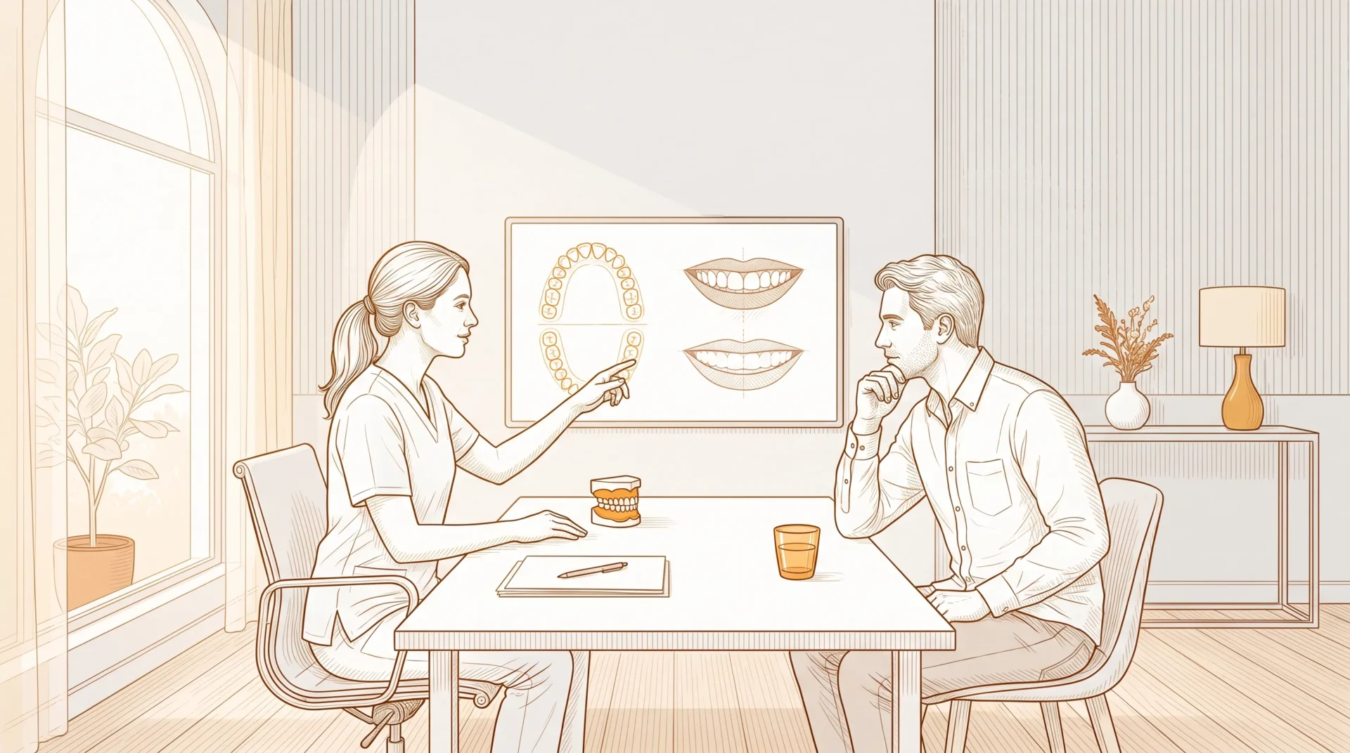 A dentist and patient discuss cosmetic dentistry options in a calm consultation room.