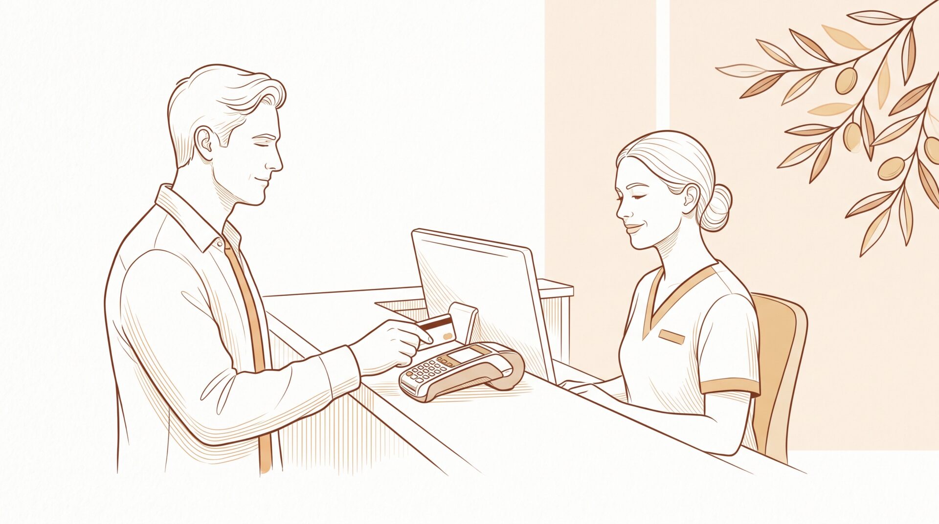 A dentist and patient review a blank payment plan sheet beside a small porcelain tooth model in a calm consultation.