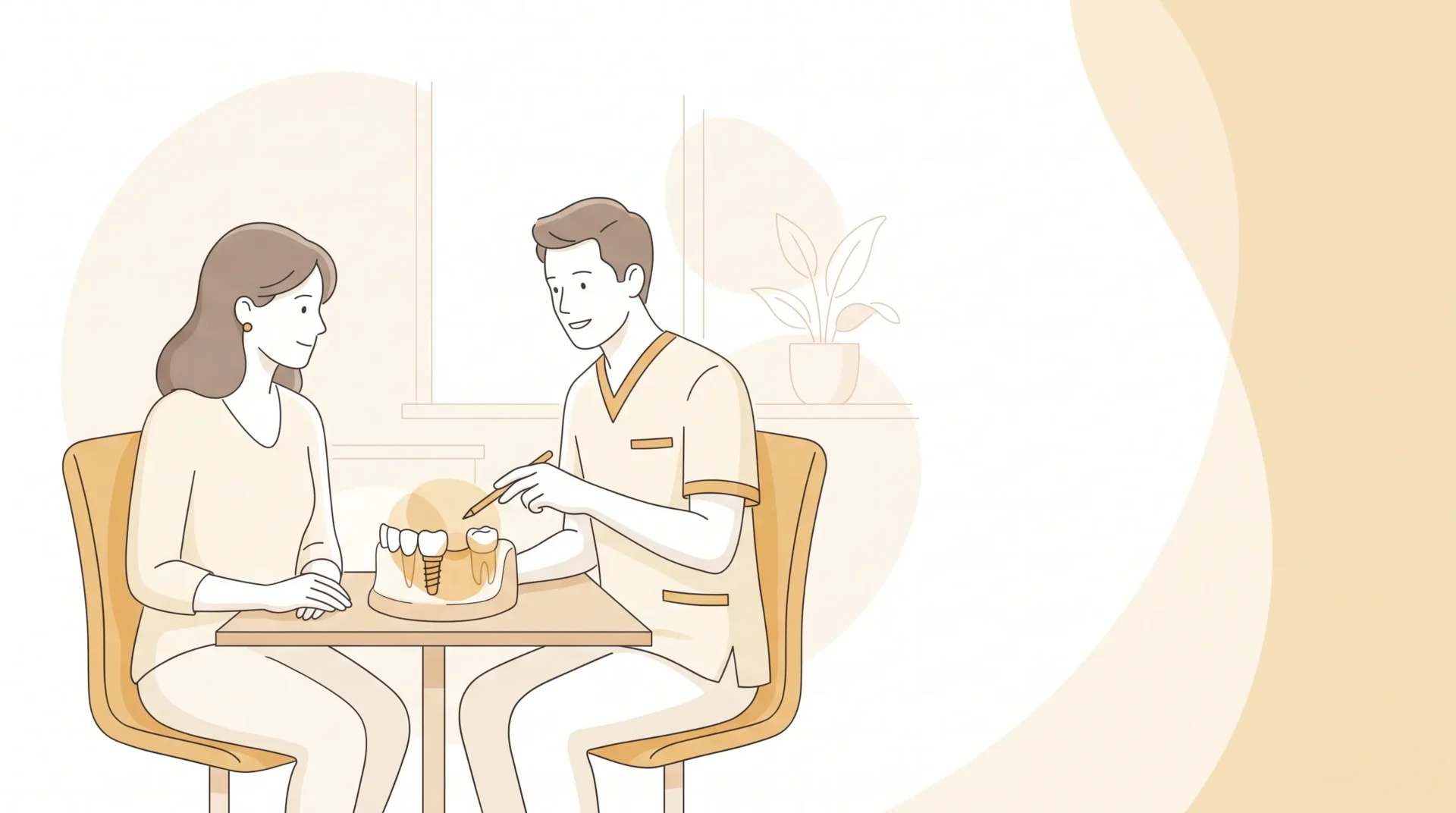 A dentist and patient review a missing tooth replacement plan with a small implant model on the table.