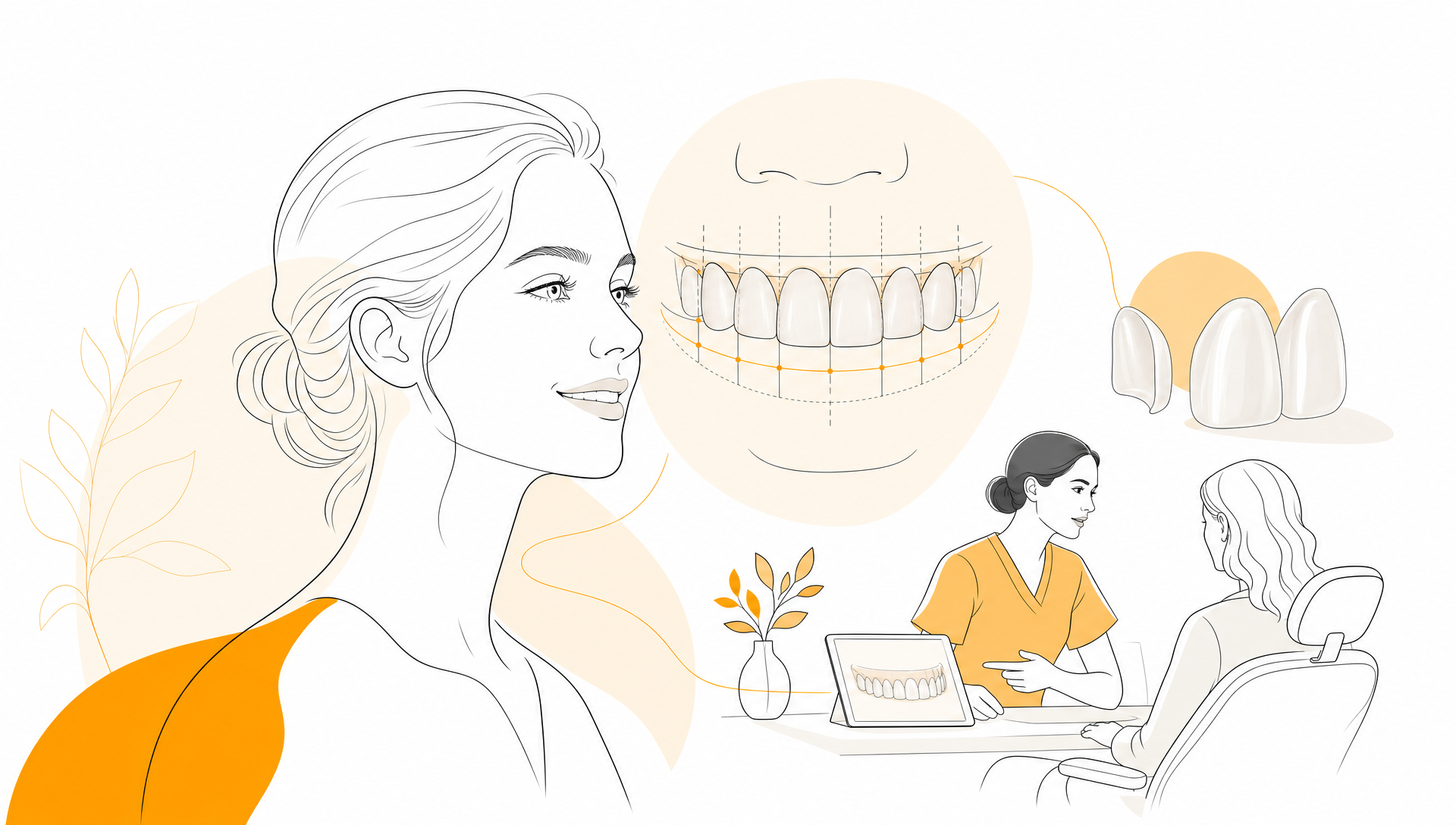 A dentist and patient reviewing natural smile shade samples and tooth shape options at a consultation table in a bright dental room, with dental models and notes laid out between them and the focus on personalised cosmetic planning.
