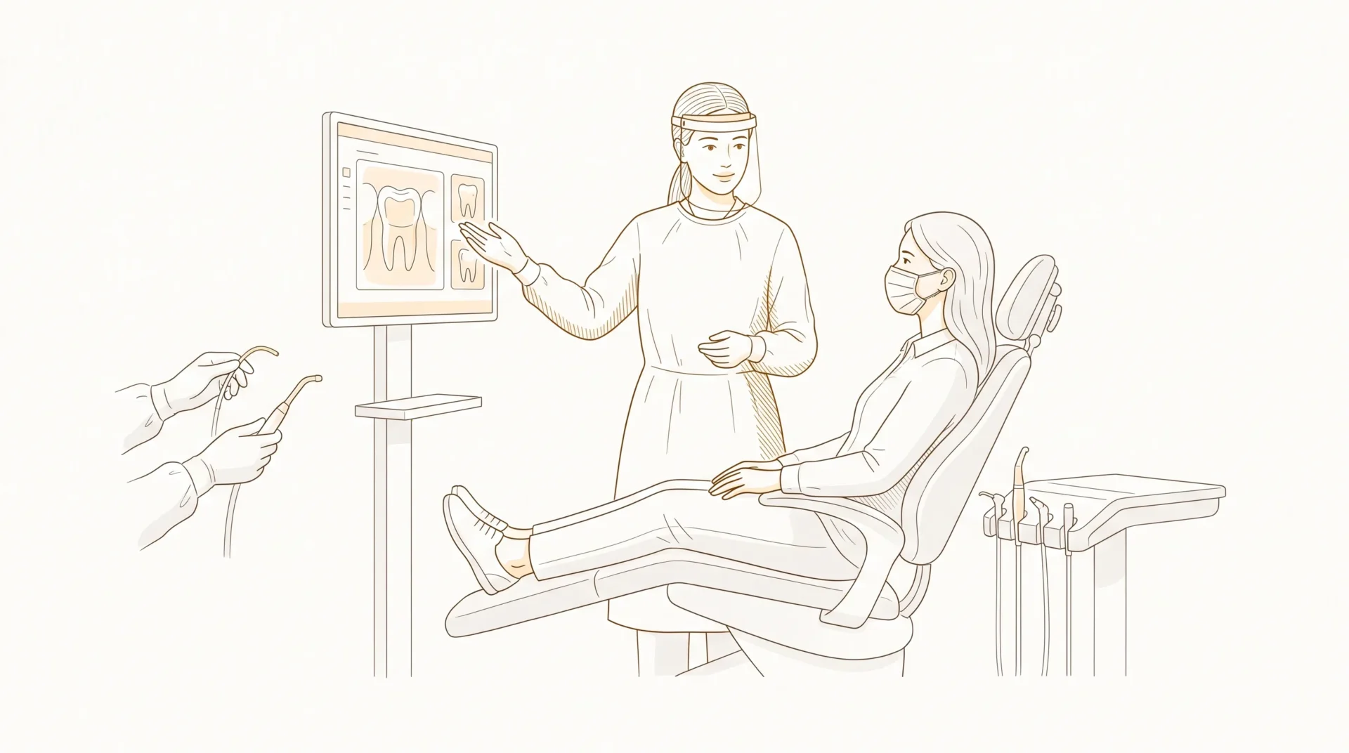 A dentist calmly explains digital tooth images to an adult patient during a consultation in a modern dental surgery.