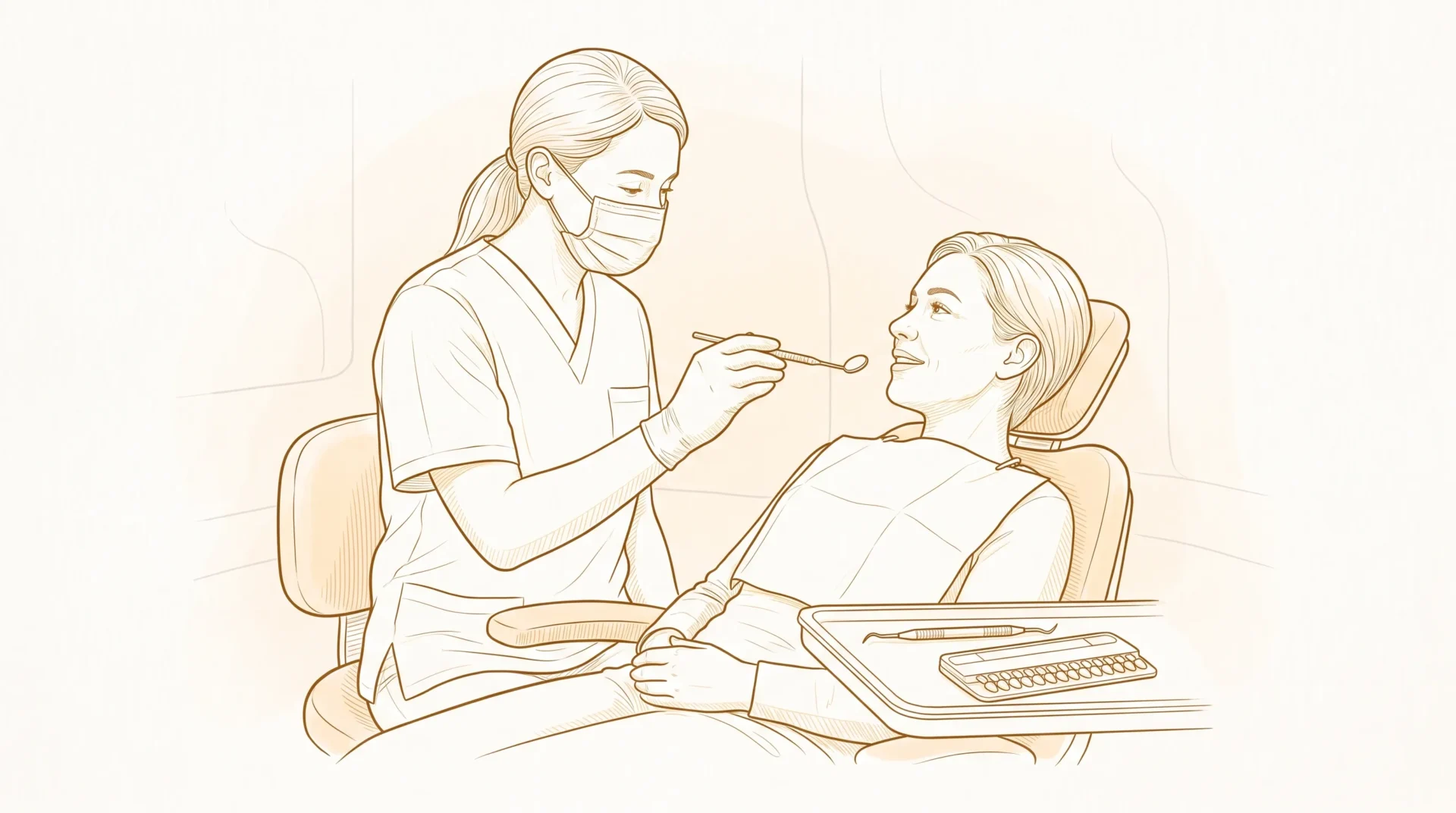 A dentist discusses dental cleaning and whitening near me with an adult patient, with a dental mirror, scaler and shade guide in the clinic.