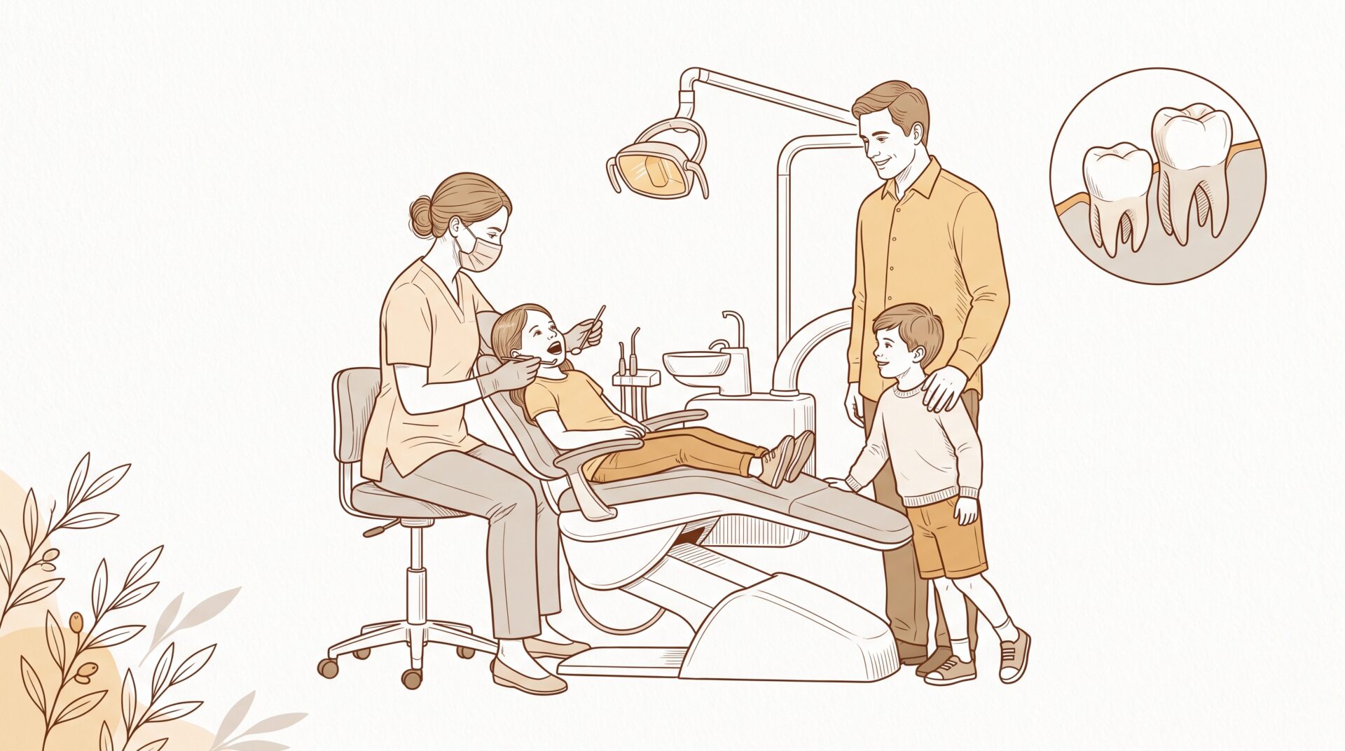 A dentist examines a child in the dental chair while the child’s parents watch, with a tooth diagram nearby, illustrating family dental care.