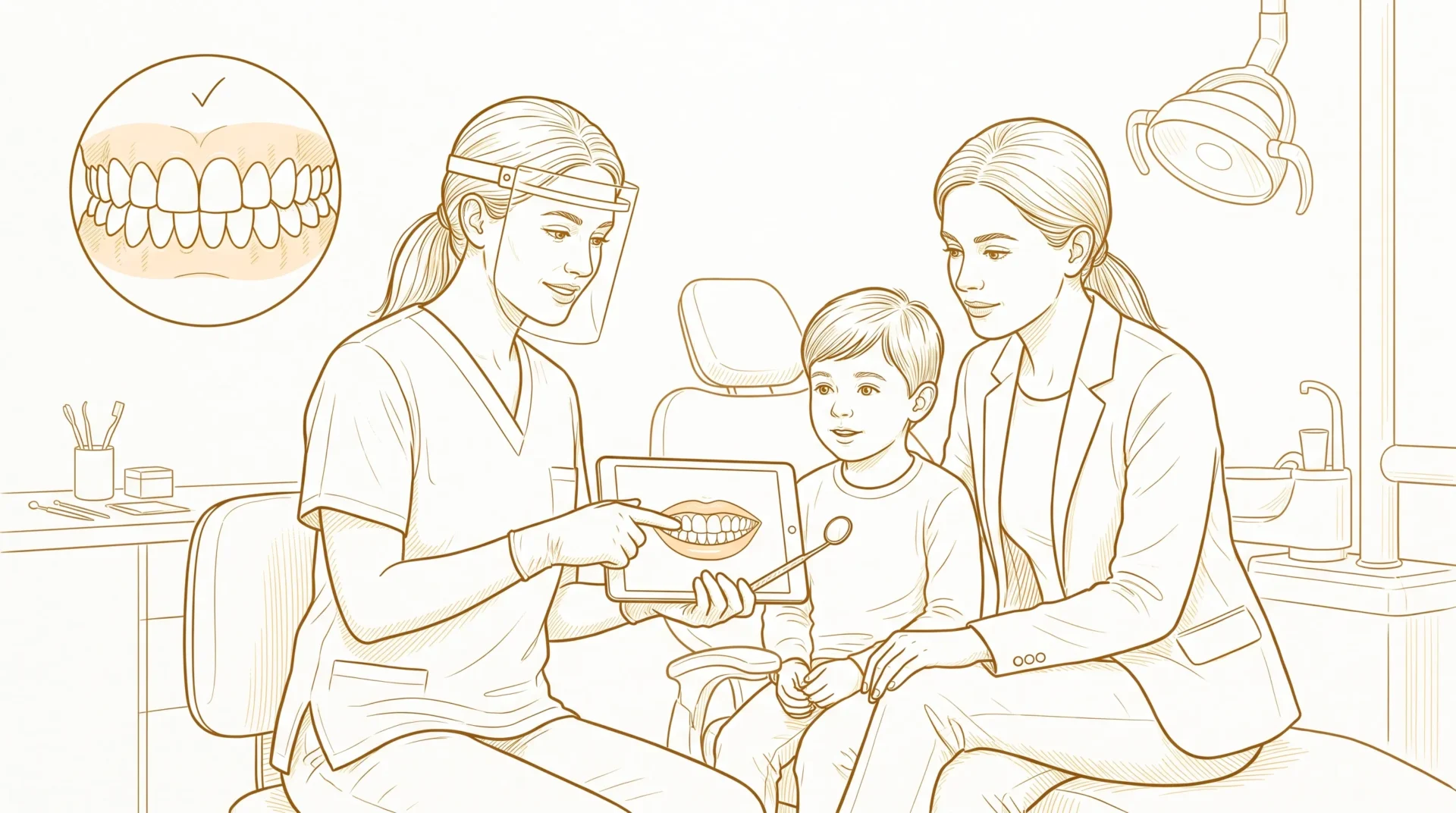 A dentist explains a routine check-up to a parent and child, with a small inset showing healthy teeth and gums.