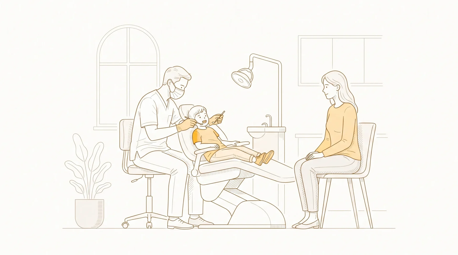 A dentist gently examines a seated child while a parent sits nearby in a calm family dental clinic.