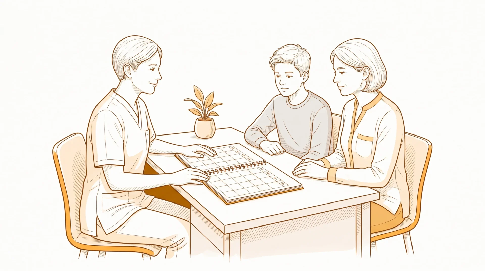 A dentist in a clinical tunic discussing appointment planning with a parent and teenager seated around a desk with calm expressions and a blank calendar.
