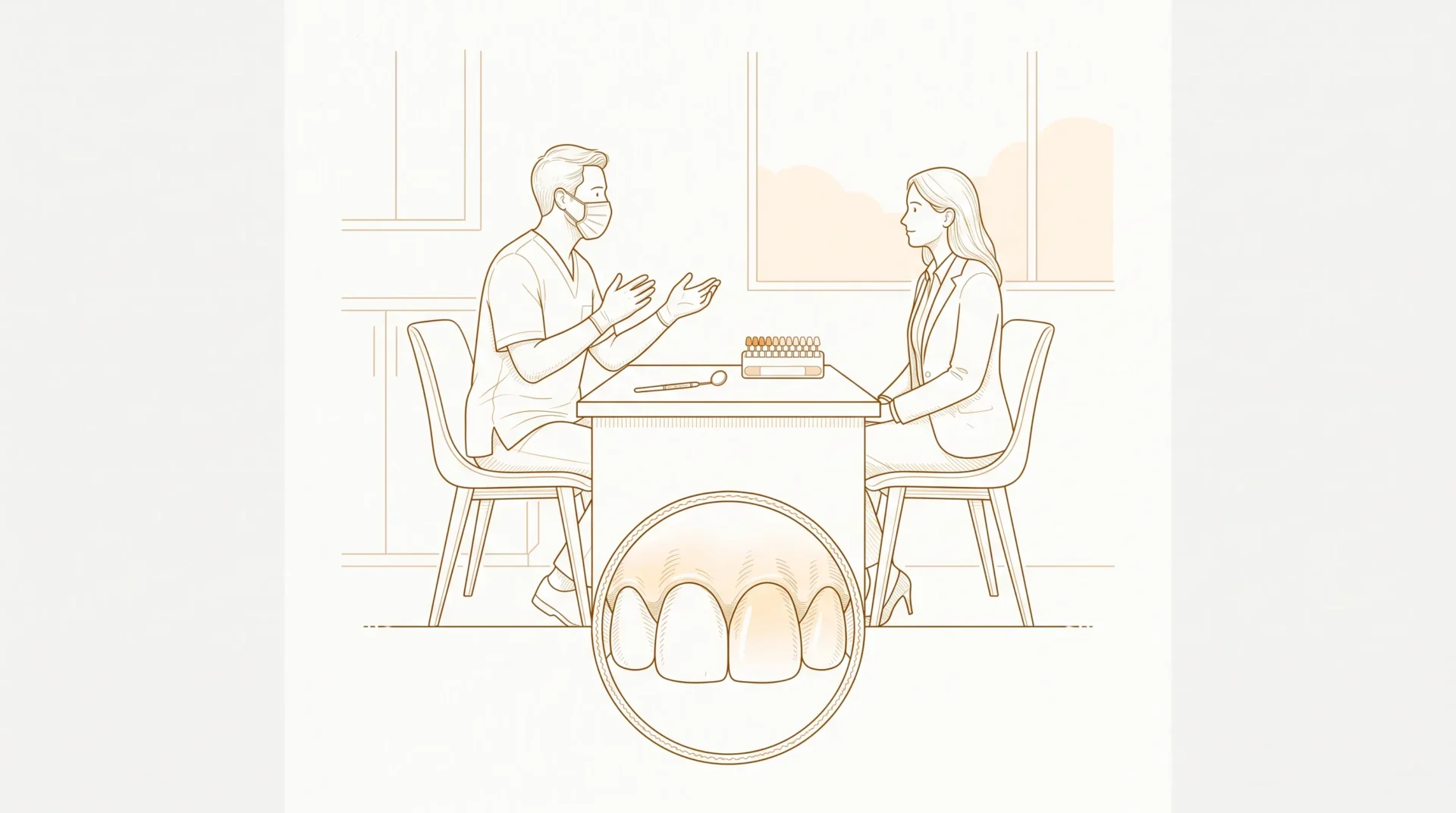 A dentist in clean clinical attire speaks with an adult patient during a cosmetic dental consultation, with a small shade guide and dental mirror on the bench and a close-up inset of natural front teeth and gums.