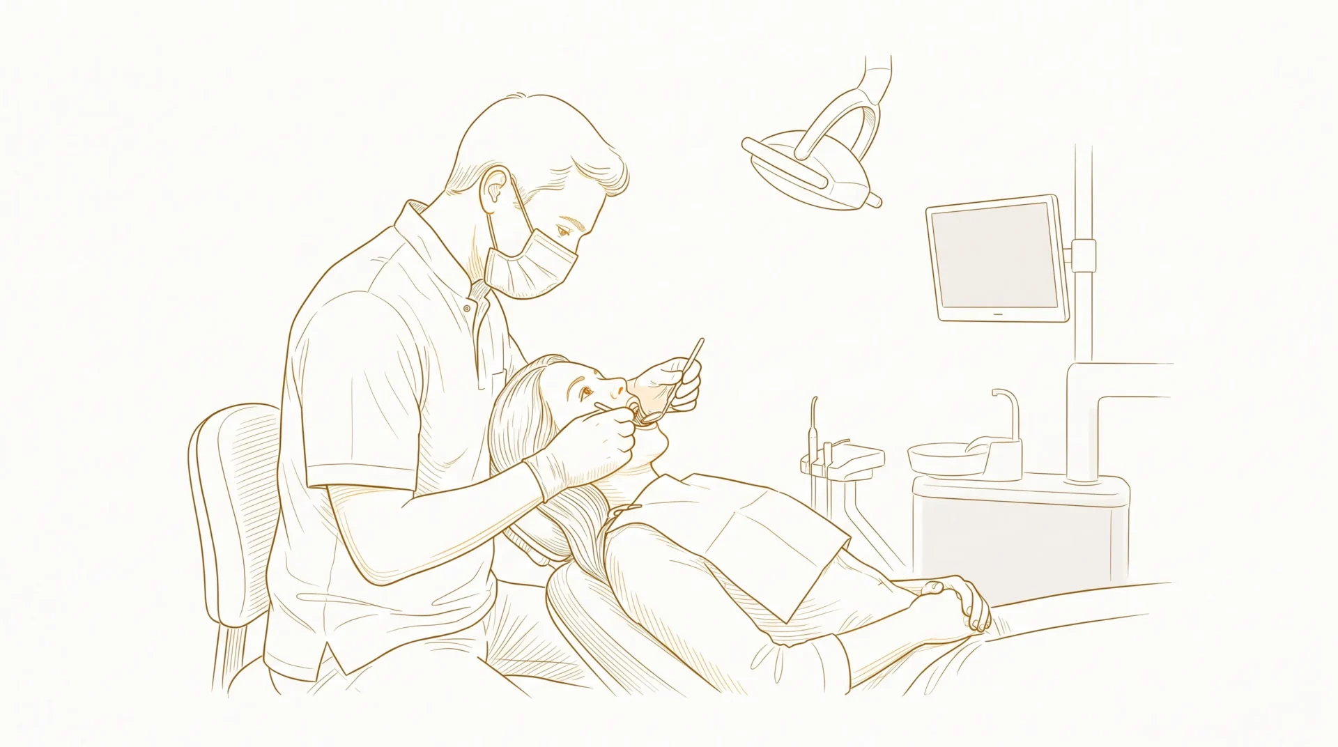 A dentist in clinical attire gently examines a reclining adult patient with a small mirror in a calm treatment room.