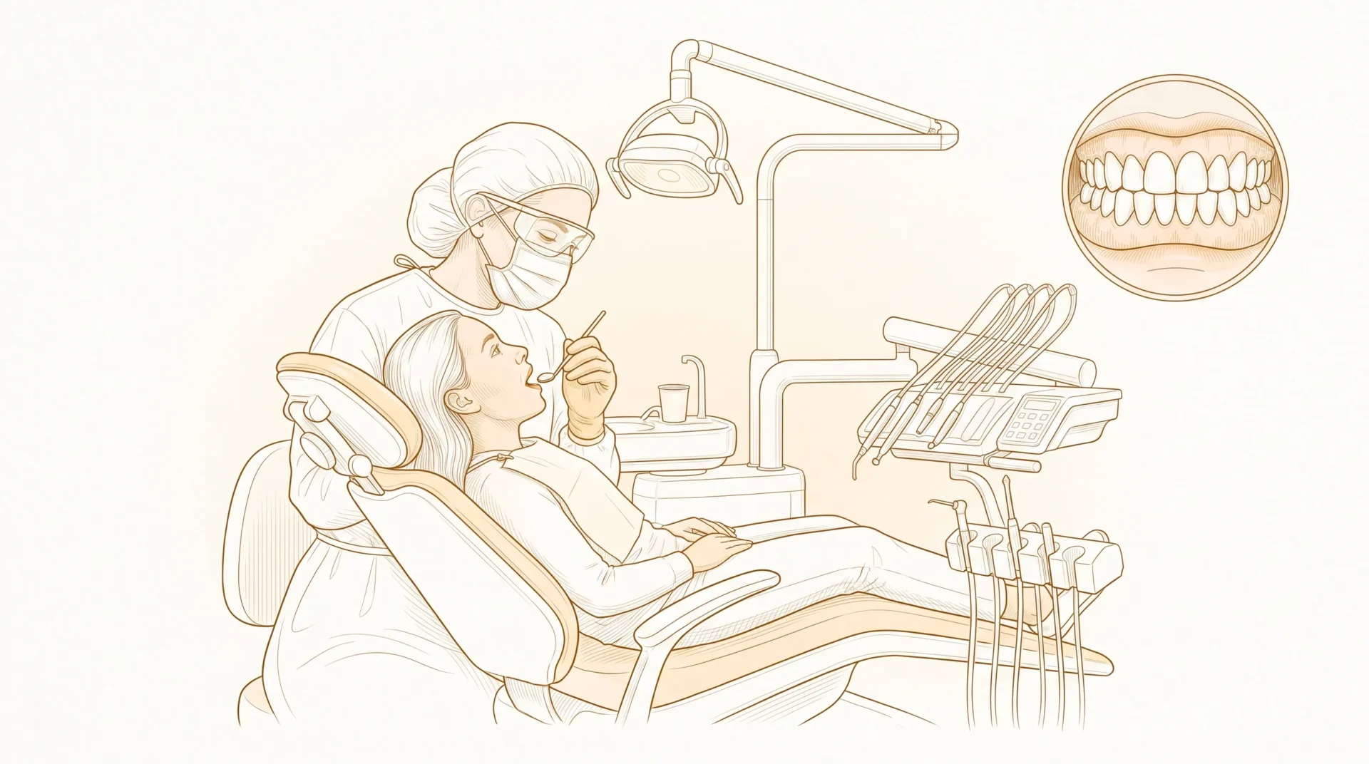 A dentist in PPE examines a seated patient while a small circular inset shows natural teeth and gums for age-appropriate care.