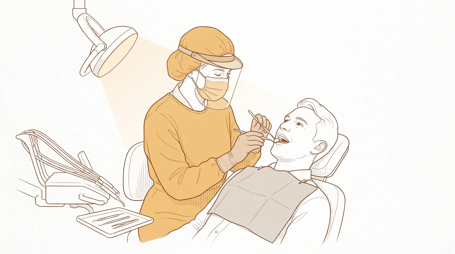A dentist in proper PPE gently examines a seated patient while the mouth is visible during a routine check-up.