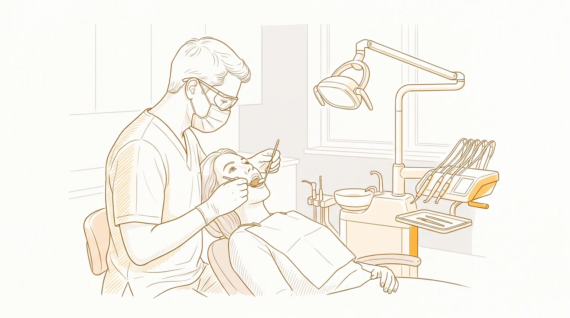 A dentist in scrubs, mask, gloves and protective eyewear examines an adult patient's teeth and gums in a clean clinic.