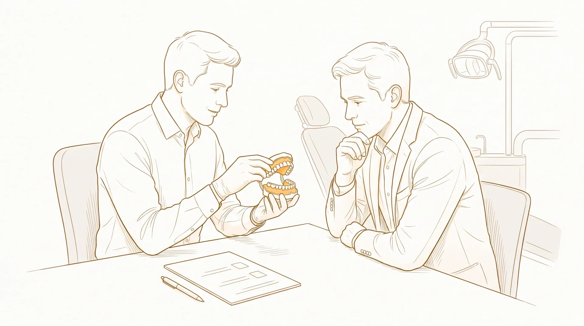 A dentist shows a denture model to an adult patient during a consultation beside a simple questions checklist.