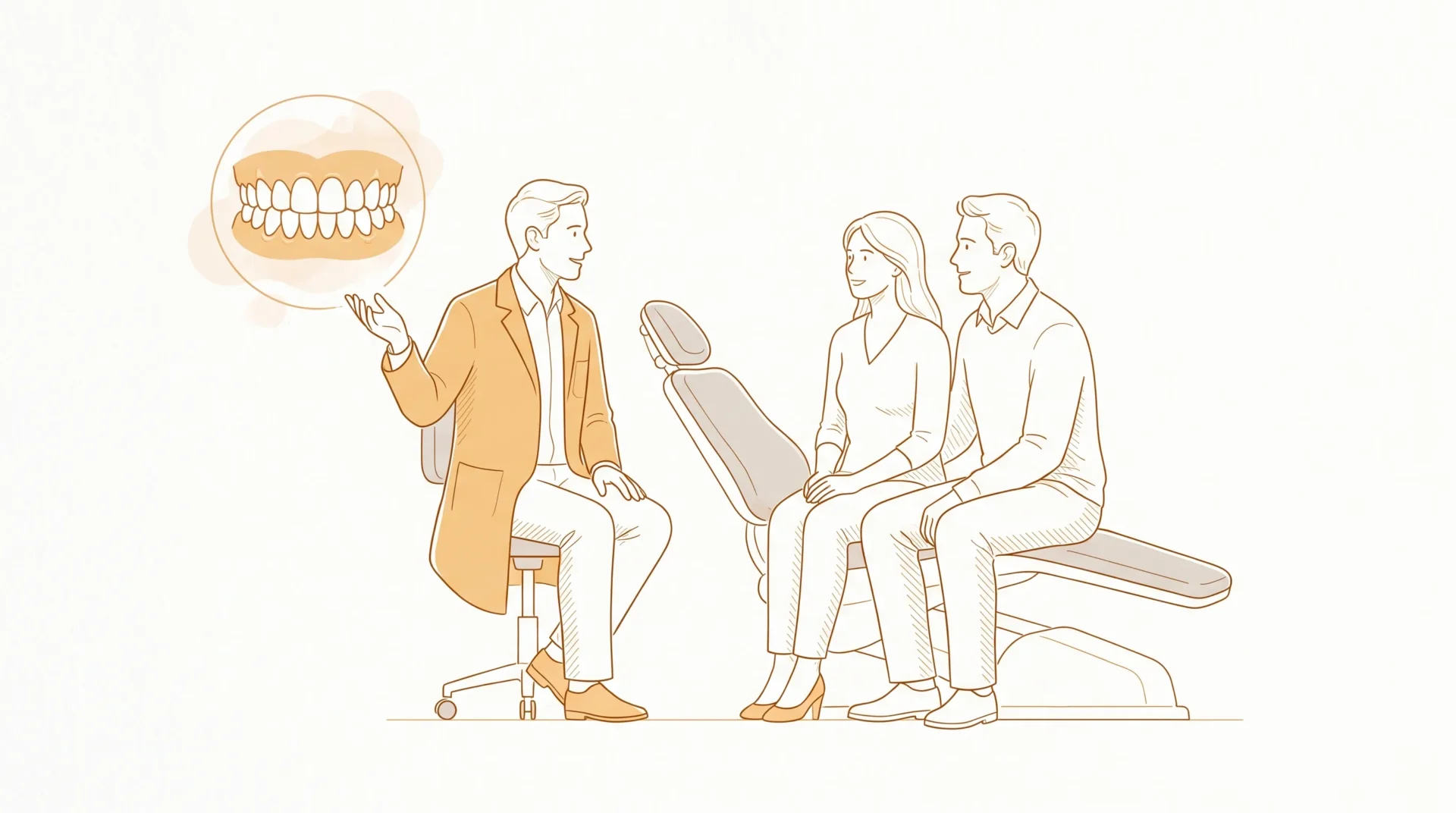 A dentist speaks calmly with two family members beside a dental chair, with a small inset showing healthy teeth and gums.
