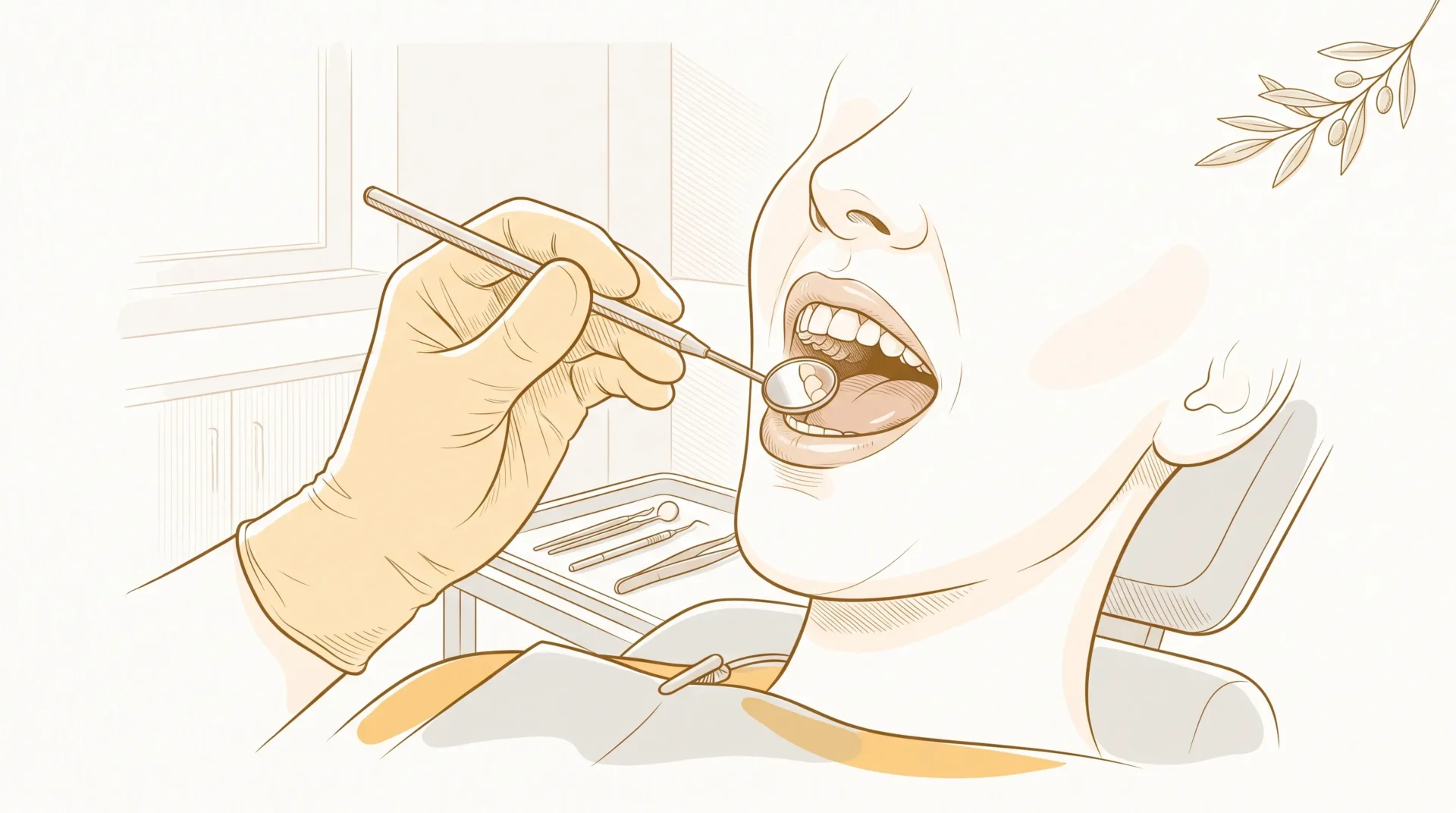 A dentist’s gloved hands examine an adult patient’s mouth during a routine check-up in a calm clinic room.