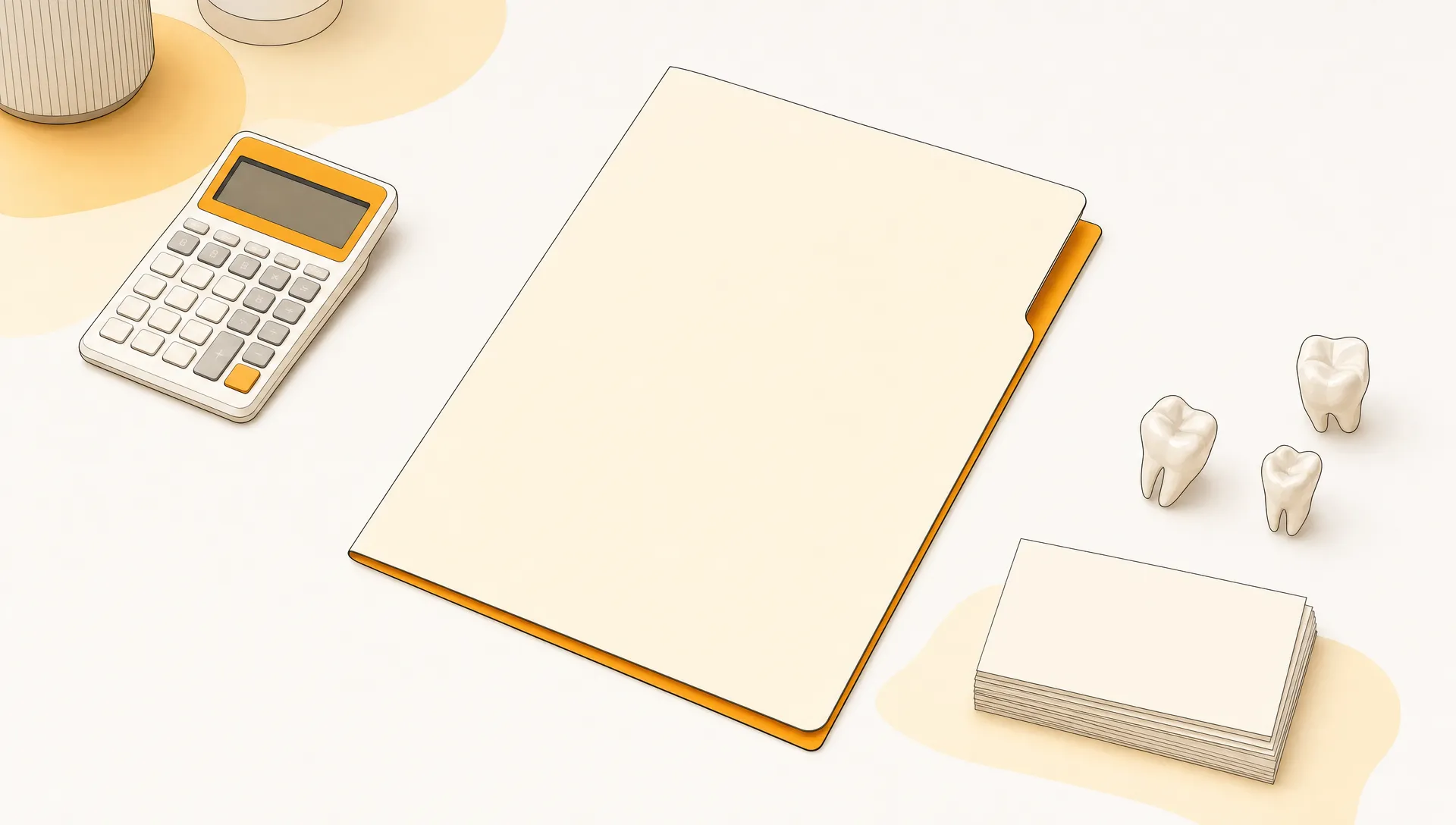 A desk scene shows a treatment folder, ceramic tooth forms and a calculator for comparing dental offers.
