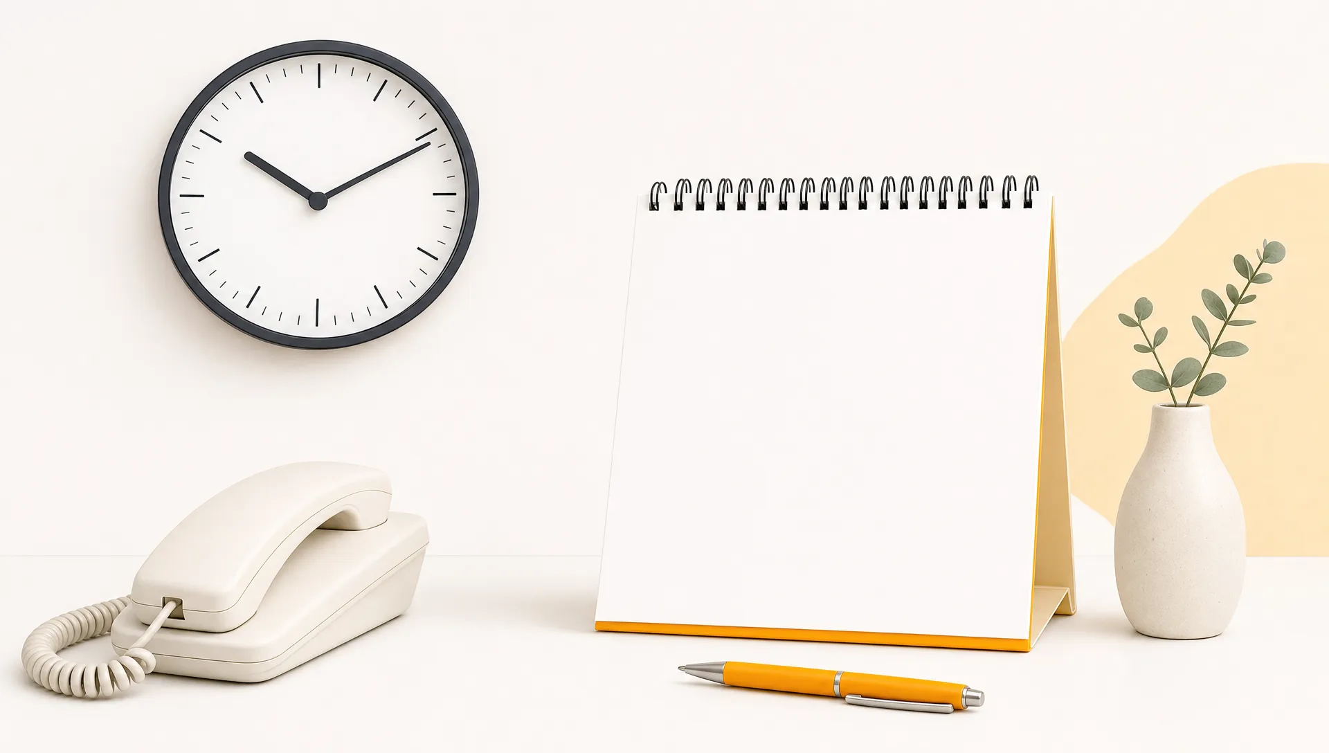 A desk setup with a clock and calendar page, pointing to Saturday dental planning.
