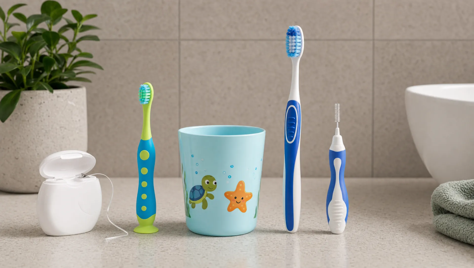 A family dental care still life showing toothbrushes, floss, a child-sized cup, an adult toothbrush and a senior-friendly interdental brush arranged neatly on a bathroom bench, representing oral care needs at different ages.