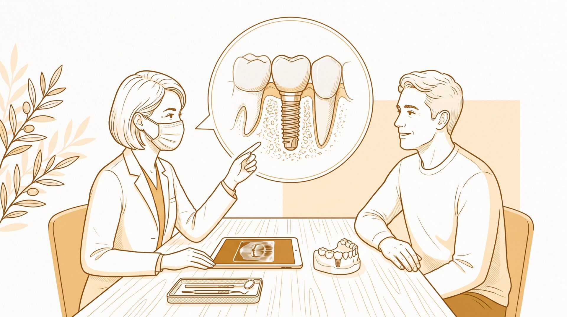 A masked dentist explains a dental implant to a seated patient, pointing to a diagram beside a dental scan and model during a consultation.