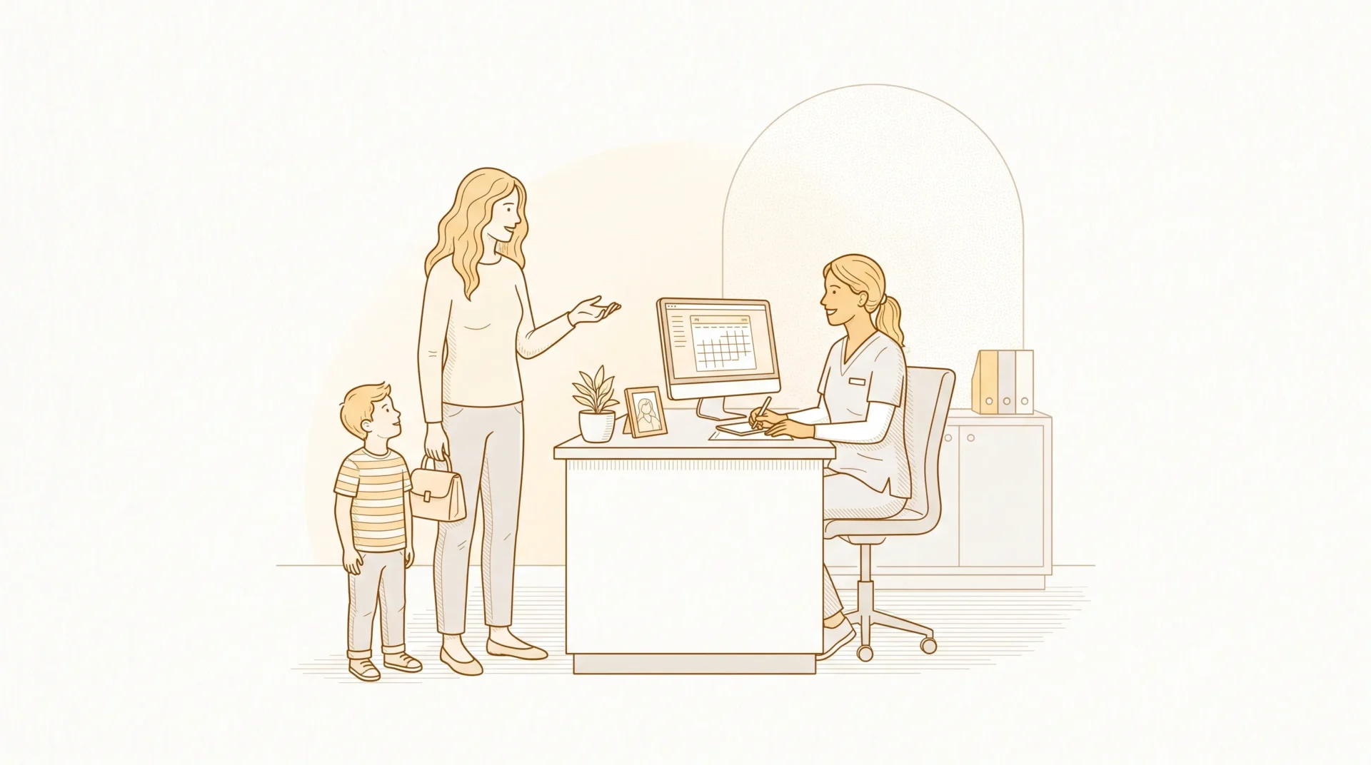 A parent and child speak with a dental professional at the reception desk about family dental appointments.