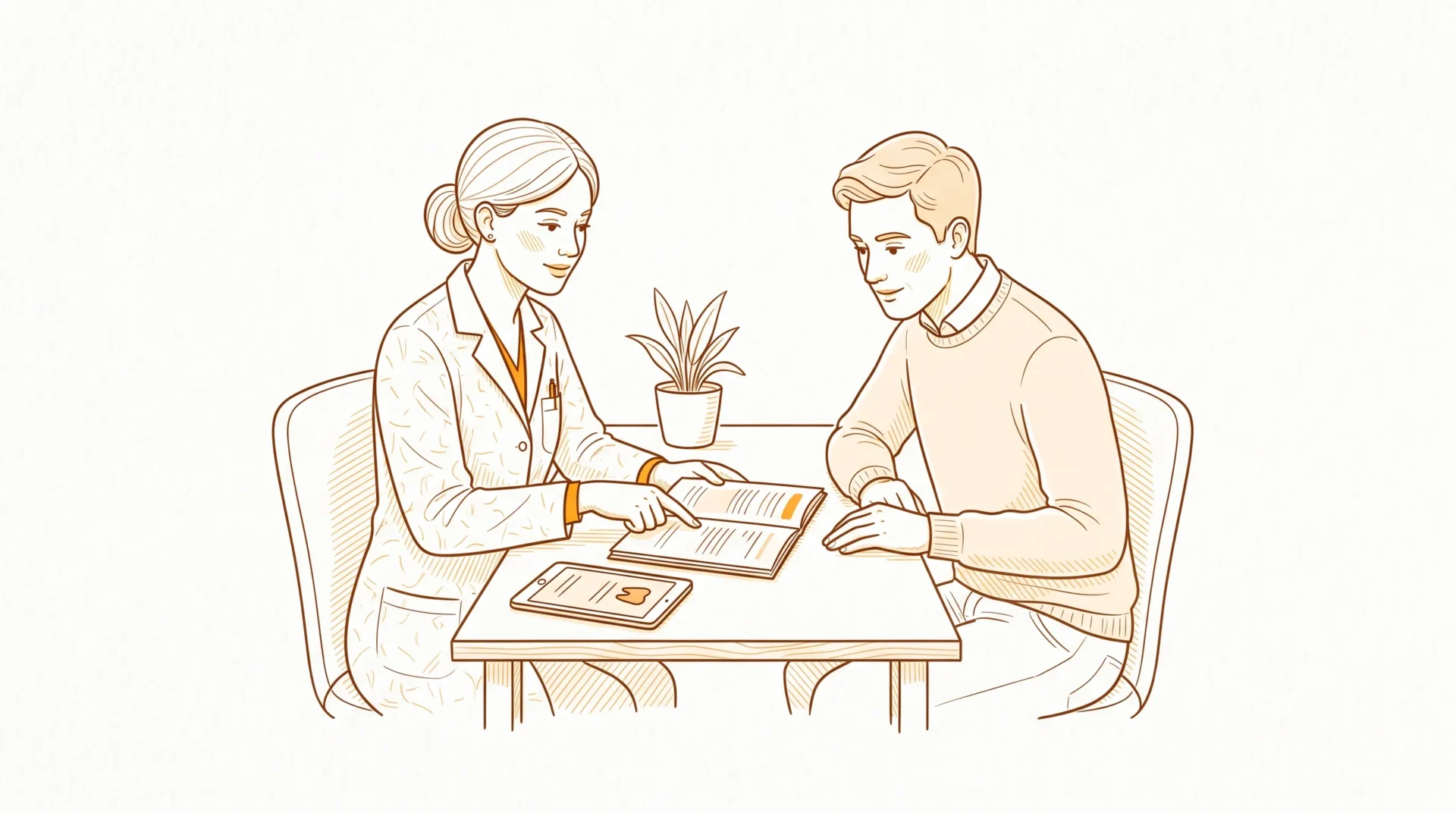 A patient and dental professional sit face to face in a clinic consultation, discussing how to check the practitioner’s registration.